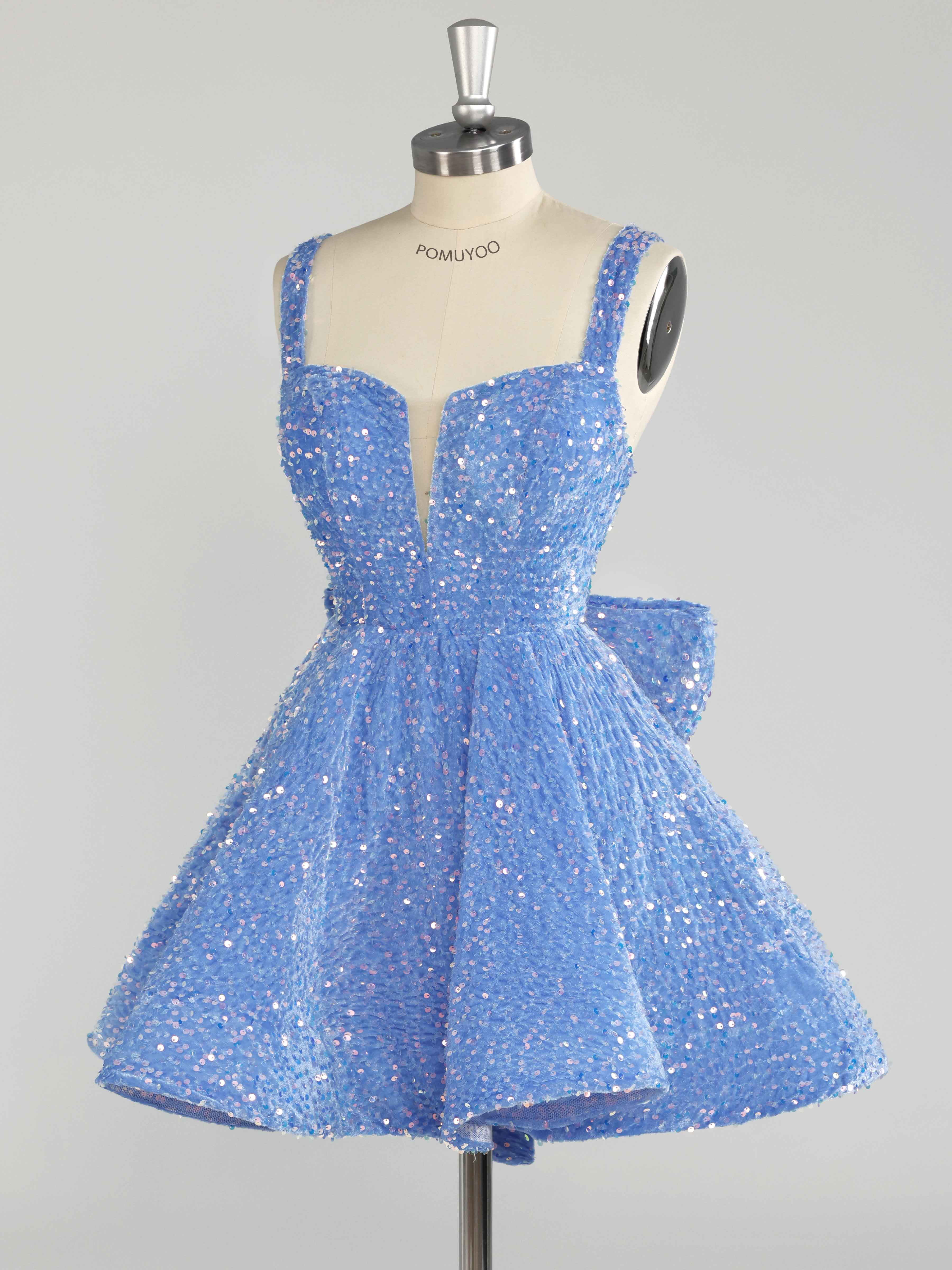 Blue A-Line Sparkly Sequin Mini Party Dresses With Bow