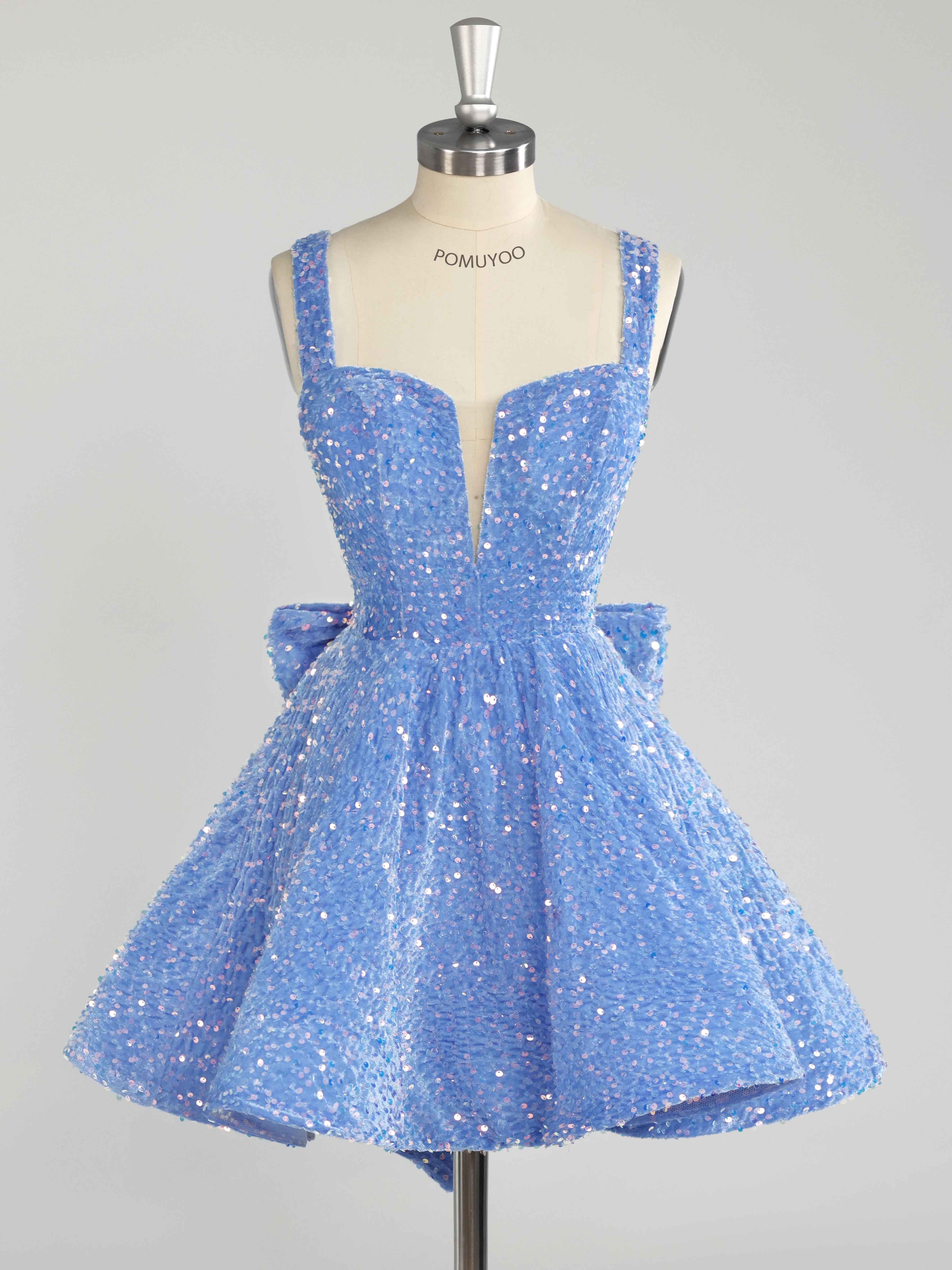 Blue A-Line Sparkly Sequin Mini Party Dresses With Bow