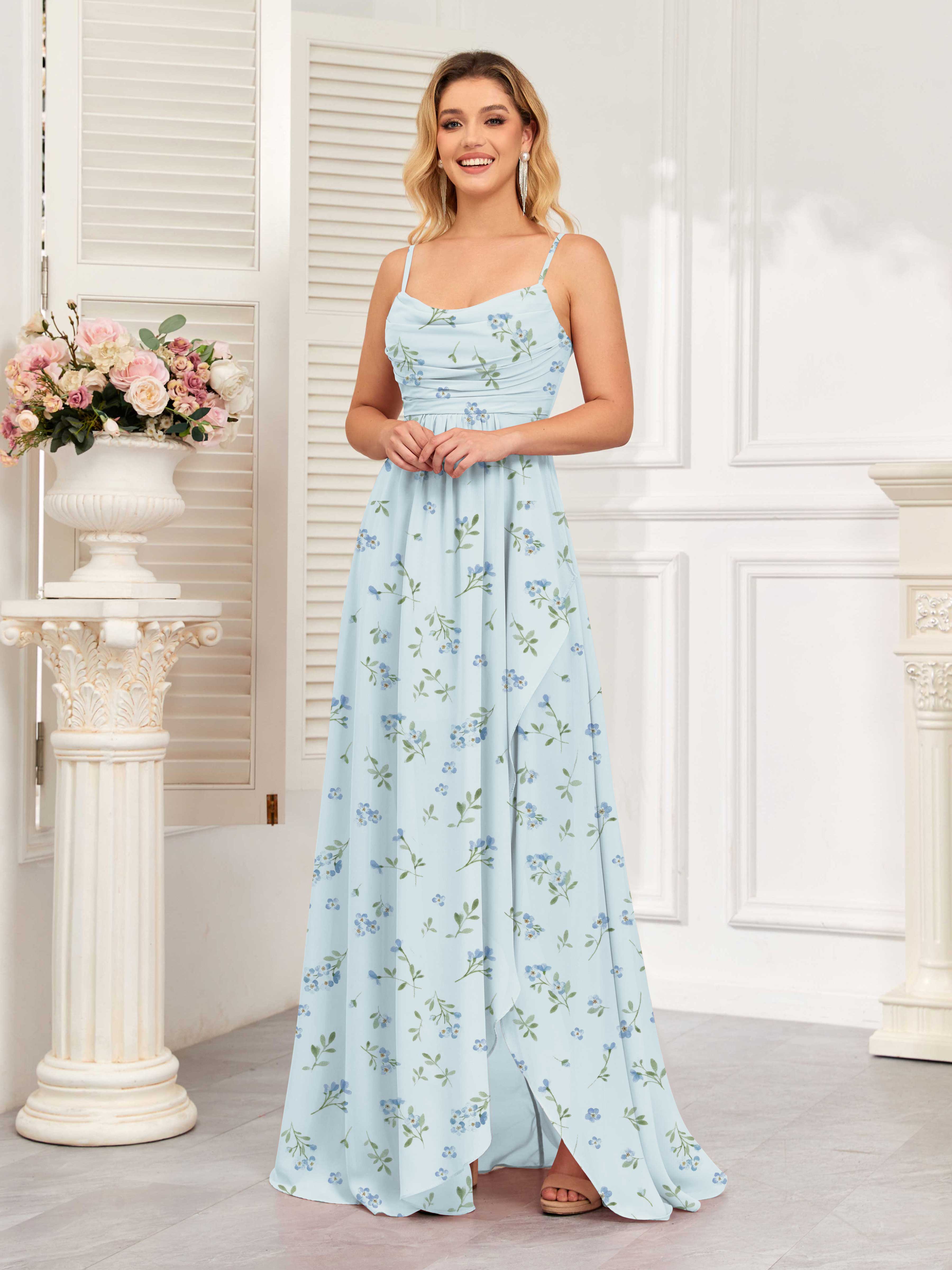 Blue Floral A-Line Cowl Ruched Floor Length Chiffon Bridesmaid Dresses