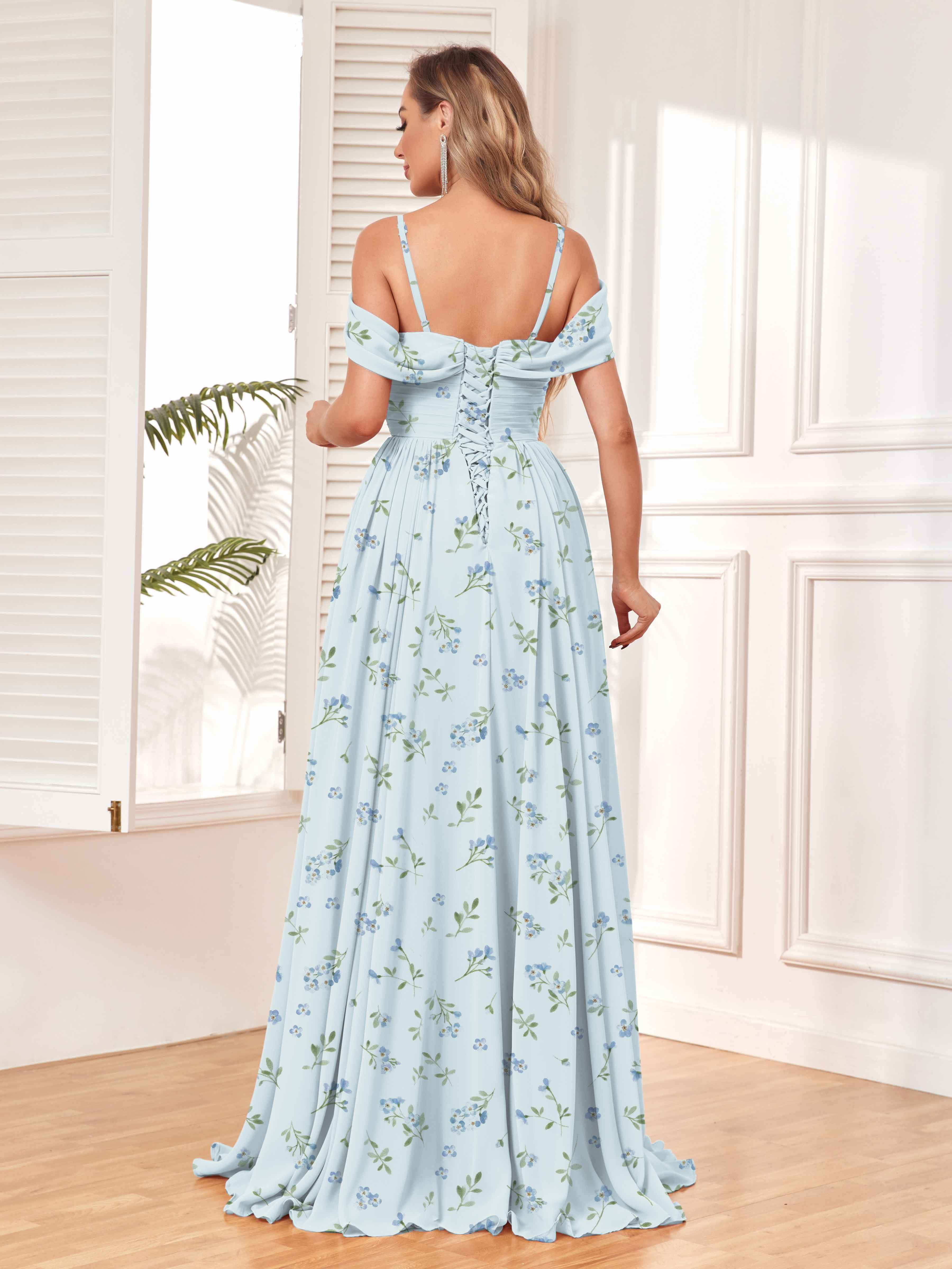 Blue Floral Spaghetti Straps Ruched Slit Long Chiffon Bridesmaid Dresses