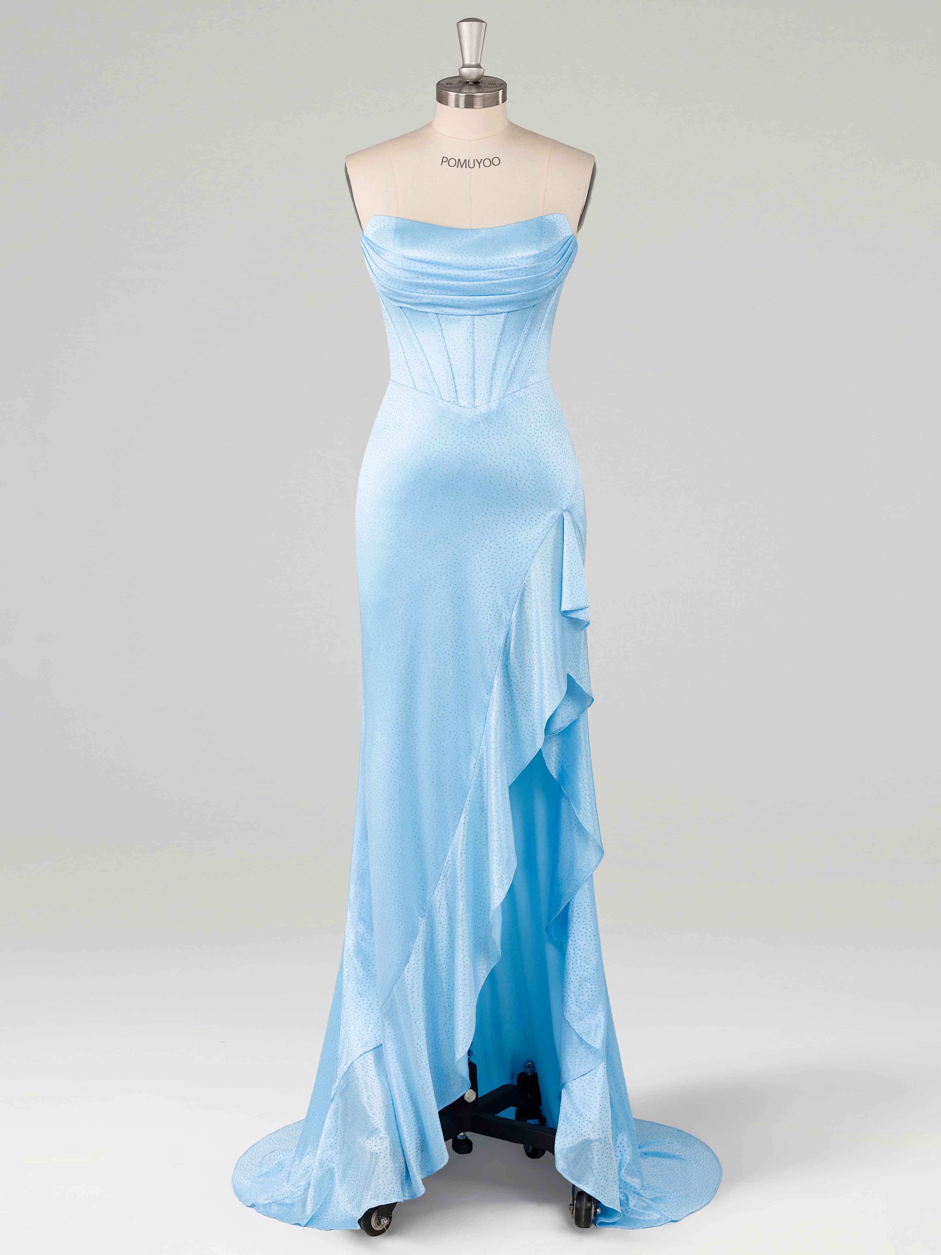 Blue Sparkly Mermaid Ruffles Slit Sweep Train Satin Prom Dresses UK