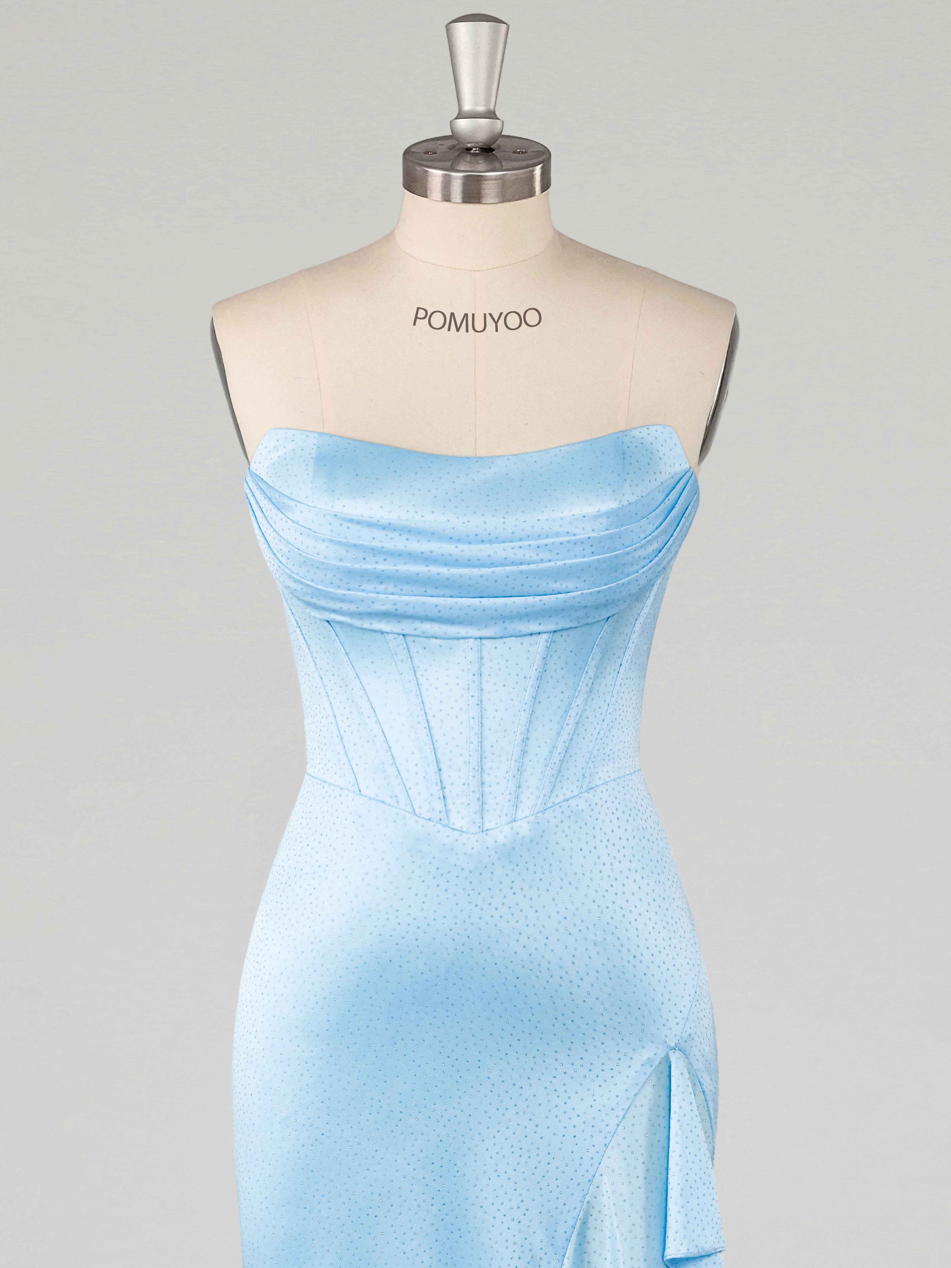 Blue Sparkly Mermaid Ruffles Slit Sweep Train Satin Prom Dresses UK