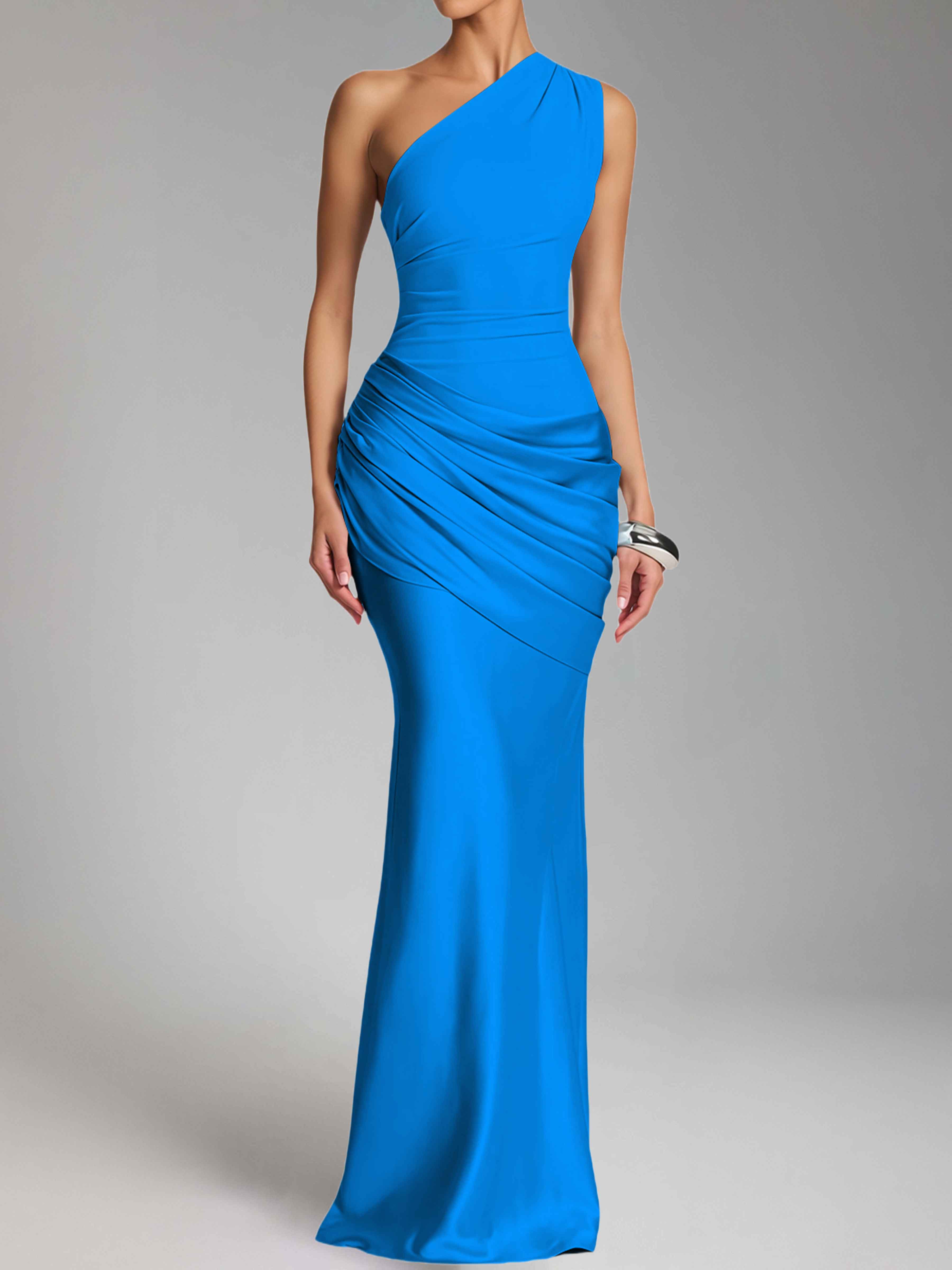 Jaelithra Elegant One Shoulder Pleated Satin Long Prom Dresses