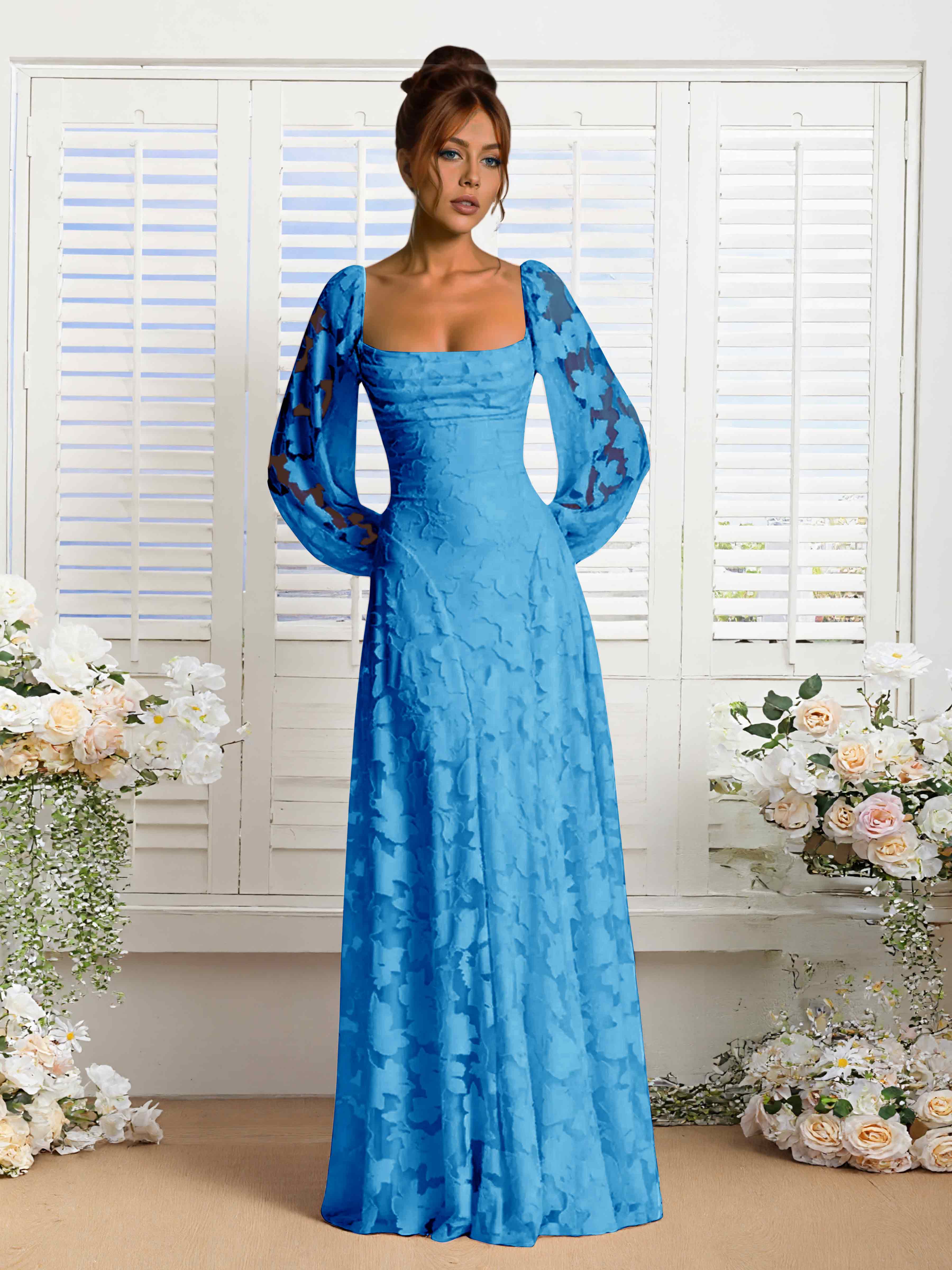 Xandra Delicate Long Sleeves Ruched Long Floral Lace Formal Dresses