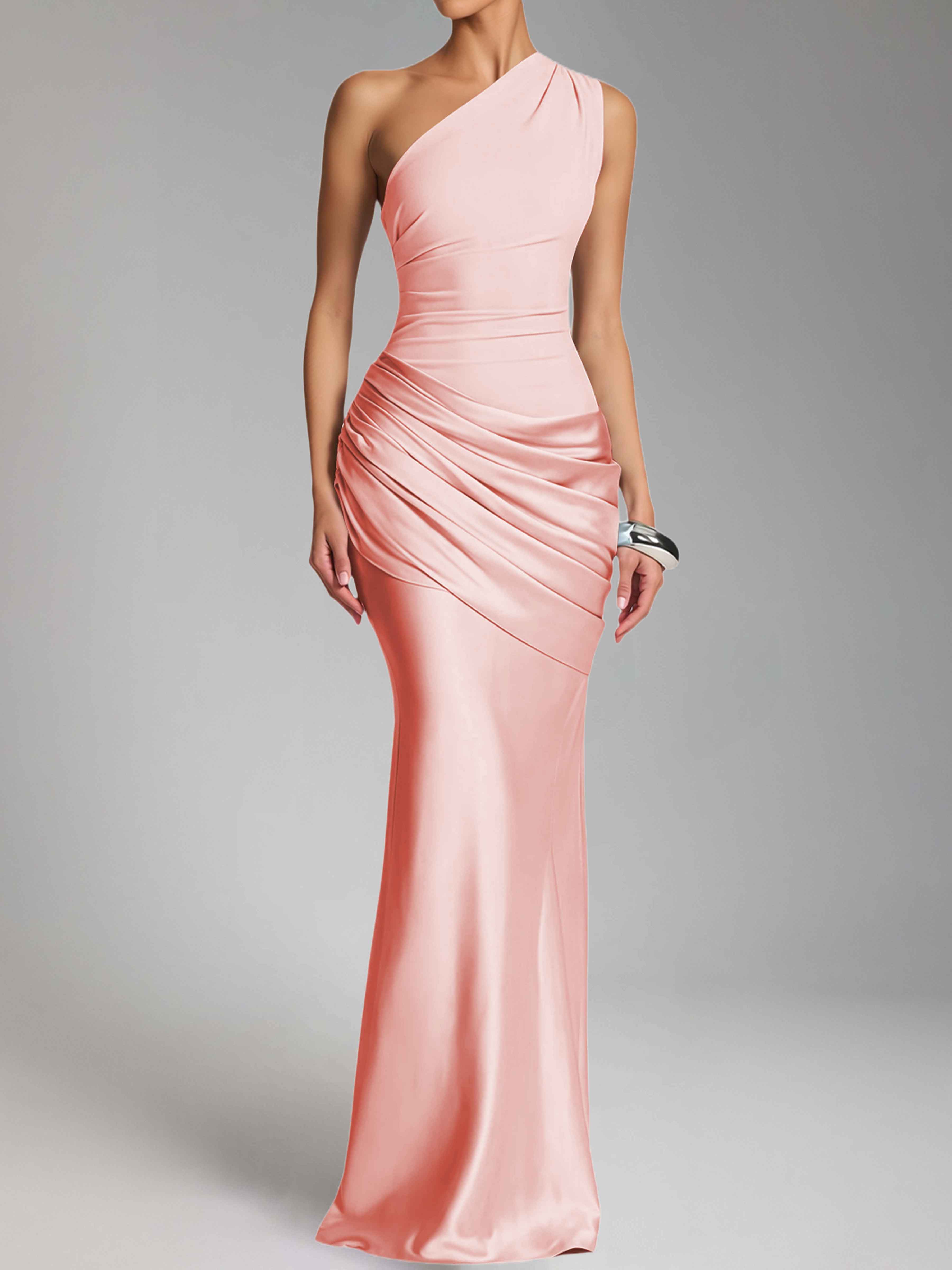Jaelithra Elegant One Shoulder Pleated Satin Long Prom Dresses