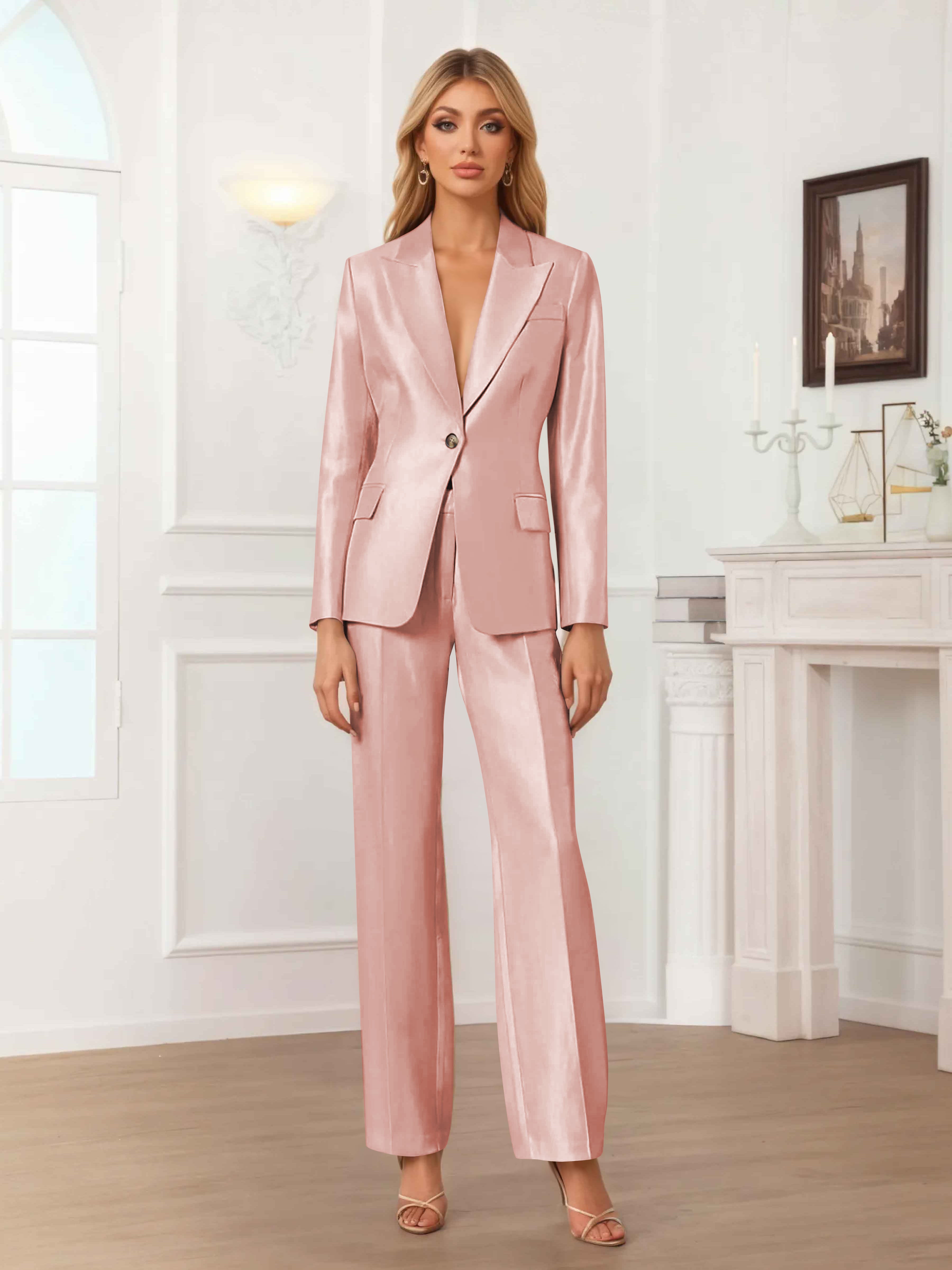 Women's 2 Pieces Peak Lapel One-Button Satin Formal Suit Set UK
