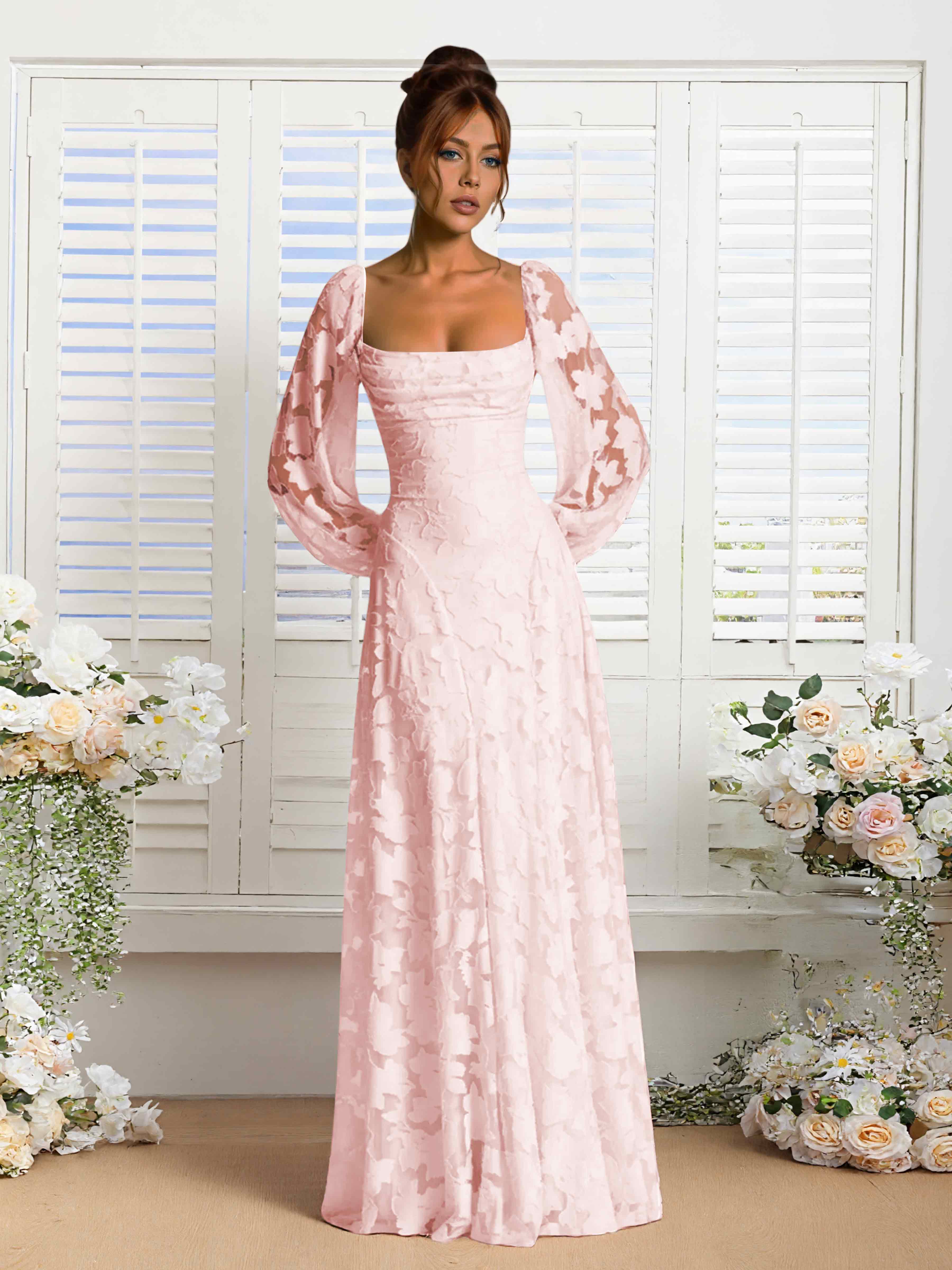 Xandra Delicate Long Sleeves Ruched Long Floral Lace Formal Dresses