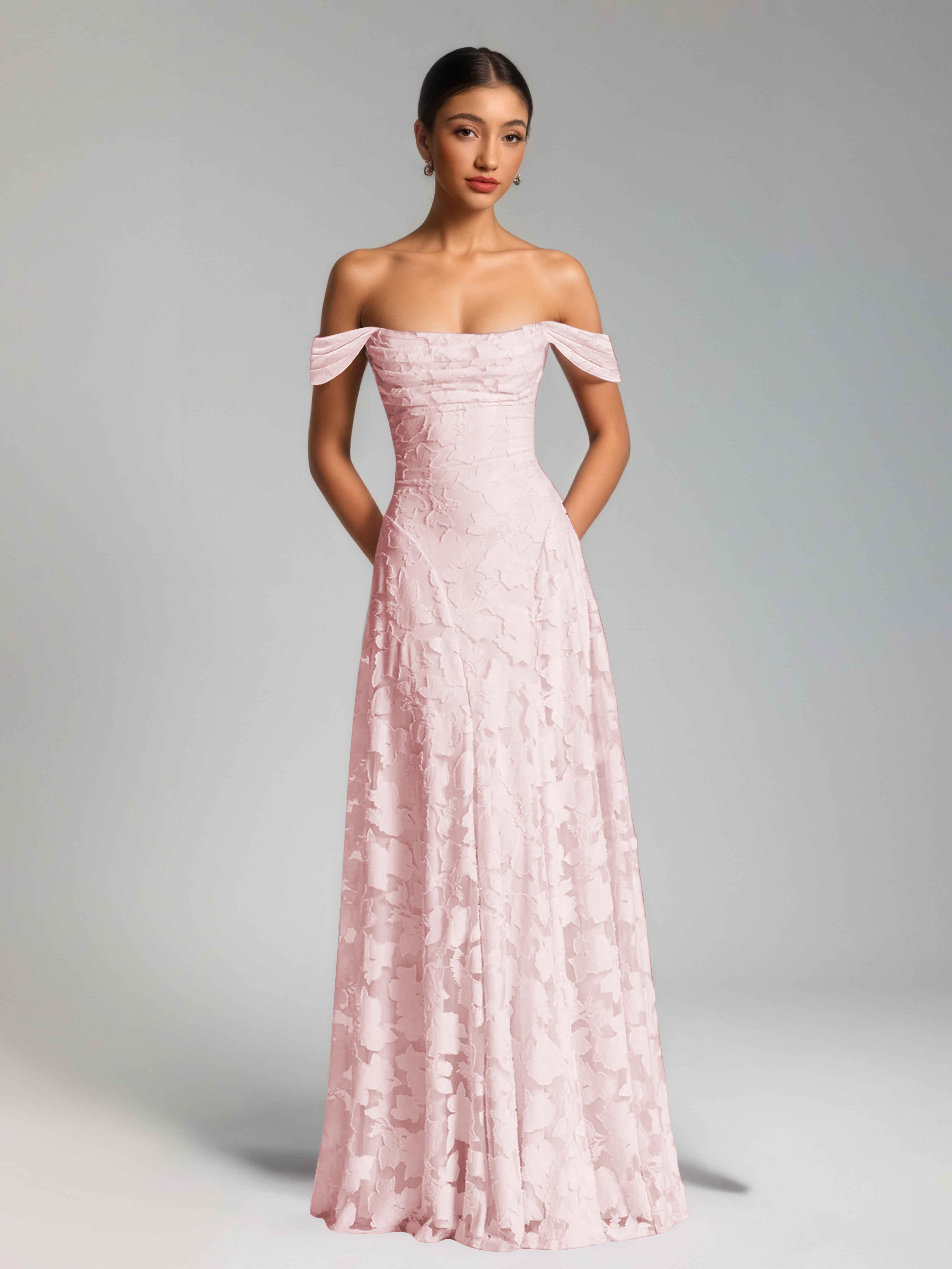 Oraelithra Graceful A-Line Off the Shoulder Floor Length Jacquard Bridesmaid Dresses