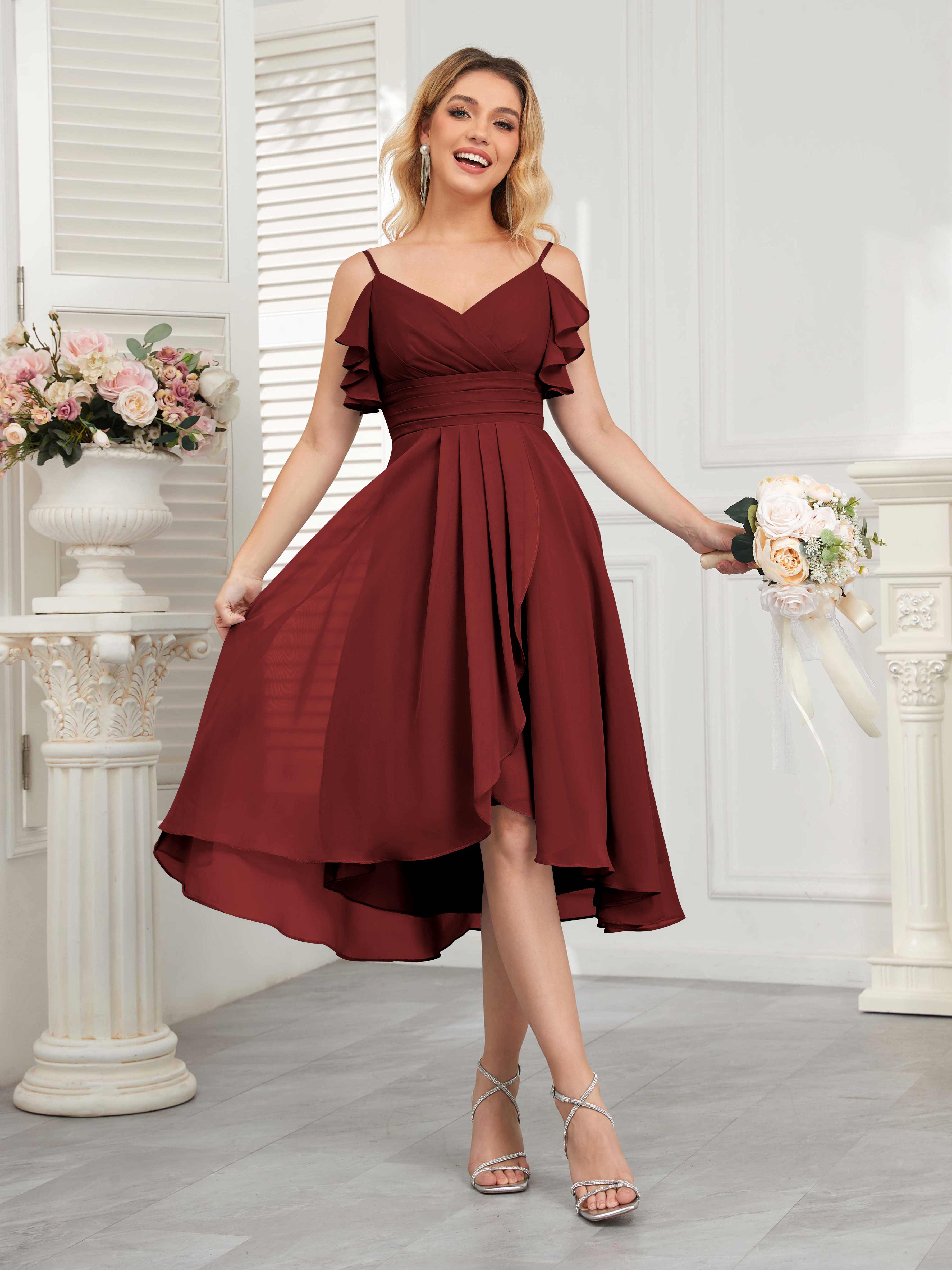 Brynn Flowing V Neck Ruched Knee Length Chiffon Bridesmaid Dresses