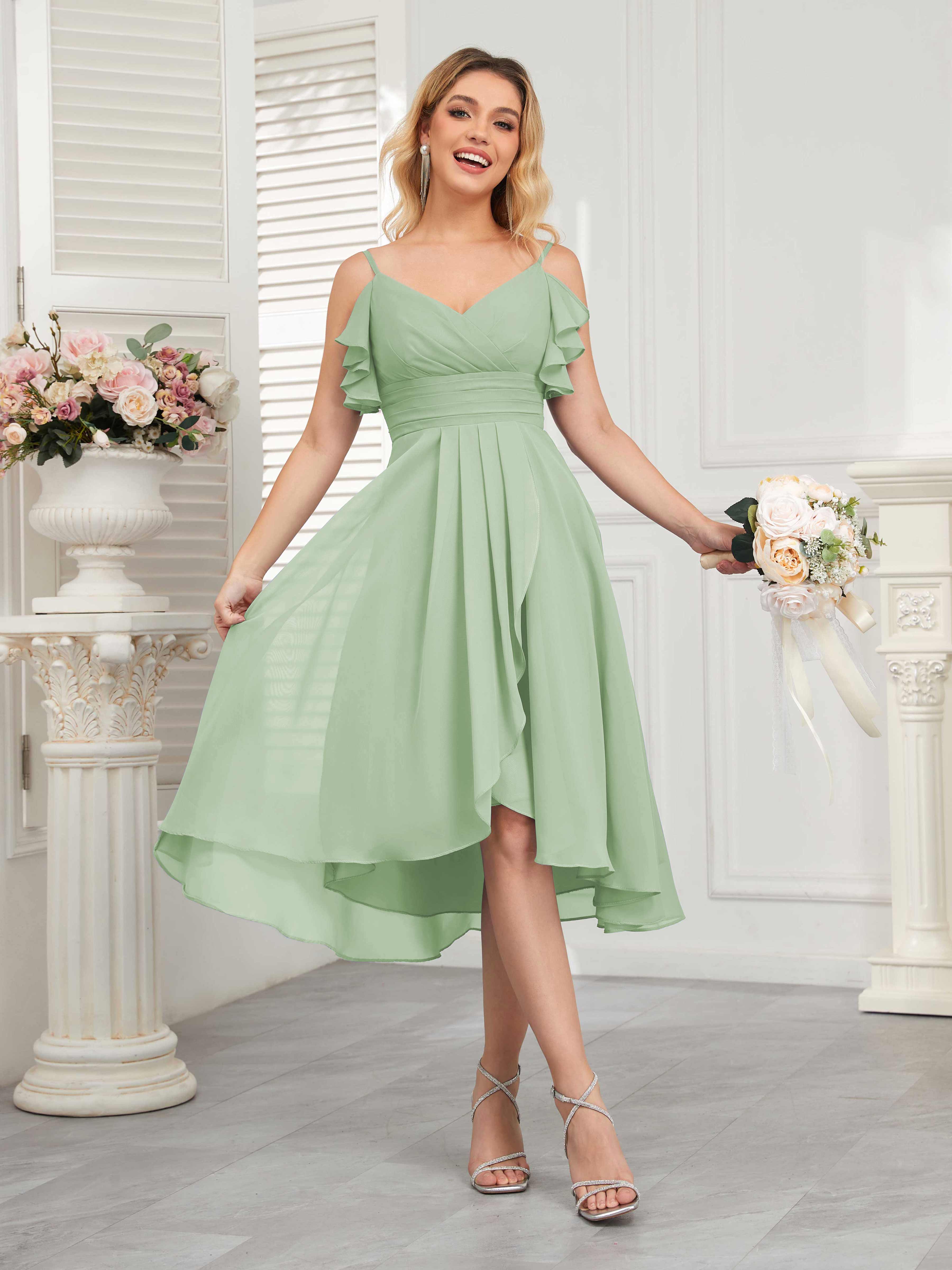 Brynn Flowing V Neck Ruched Knee Length Chiffon Bridesmaid Dresses