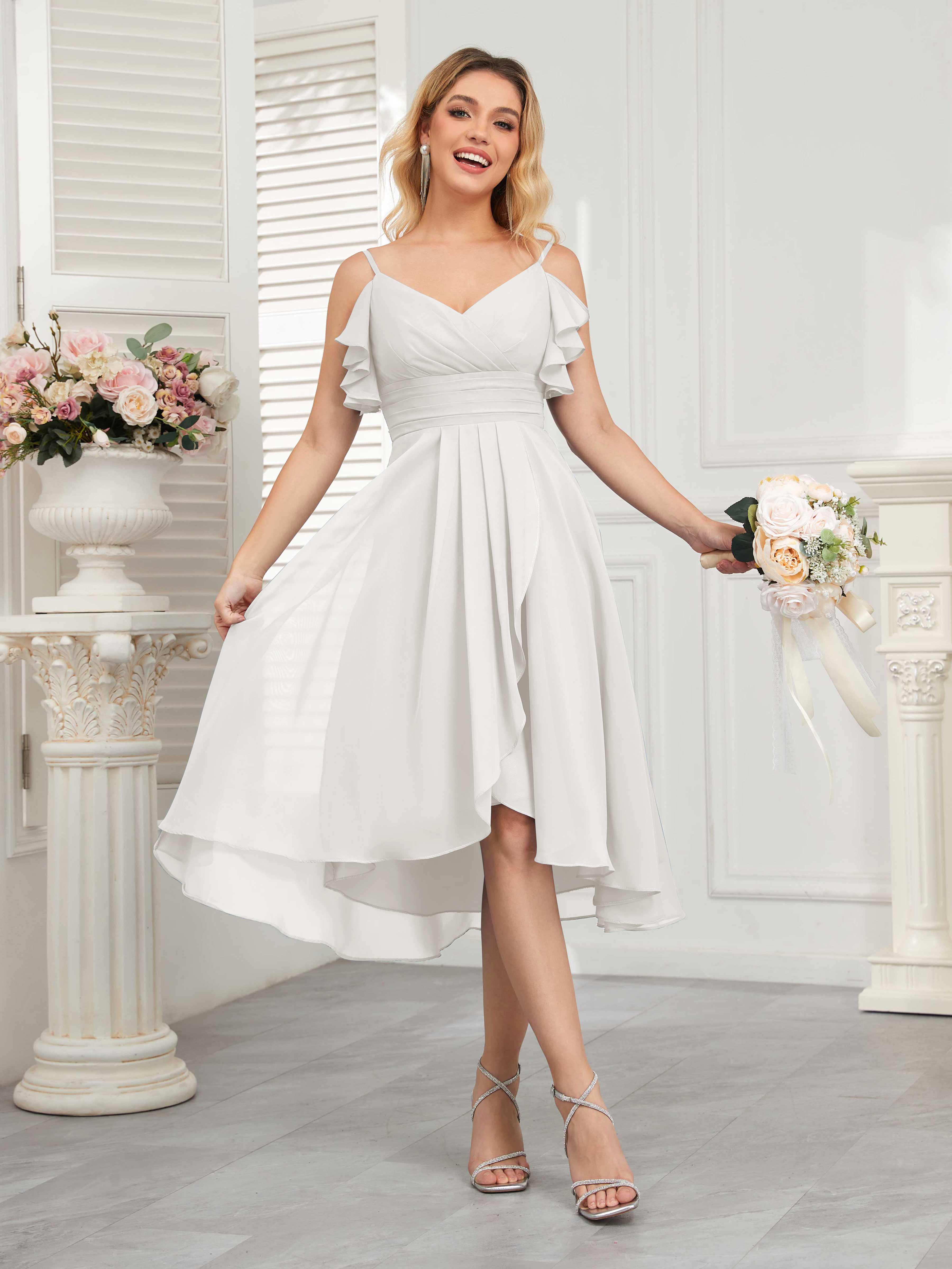 Brynn Flowing V Neck Ruched Knee Length Chiffon Bridesmaid Dresses