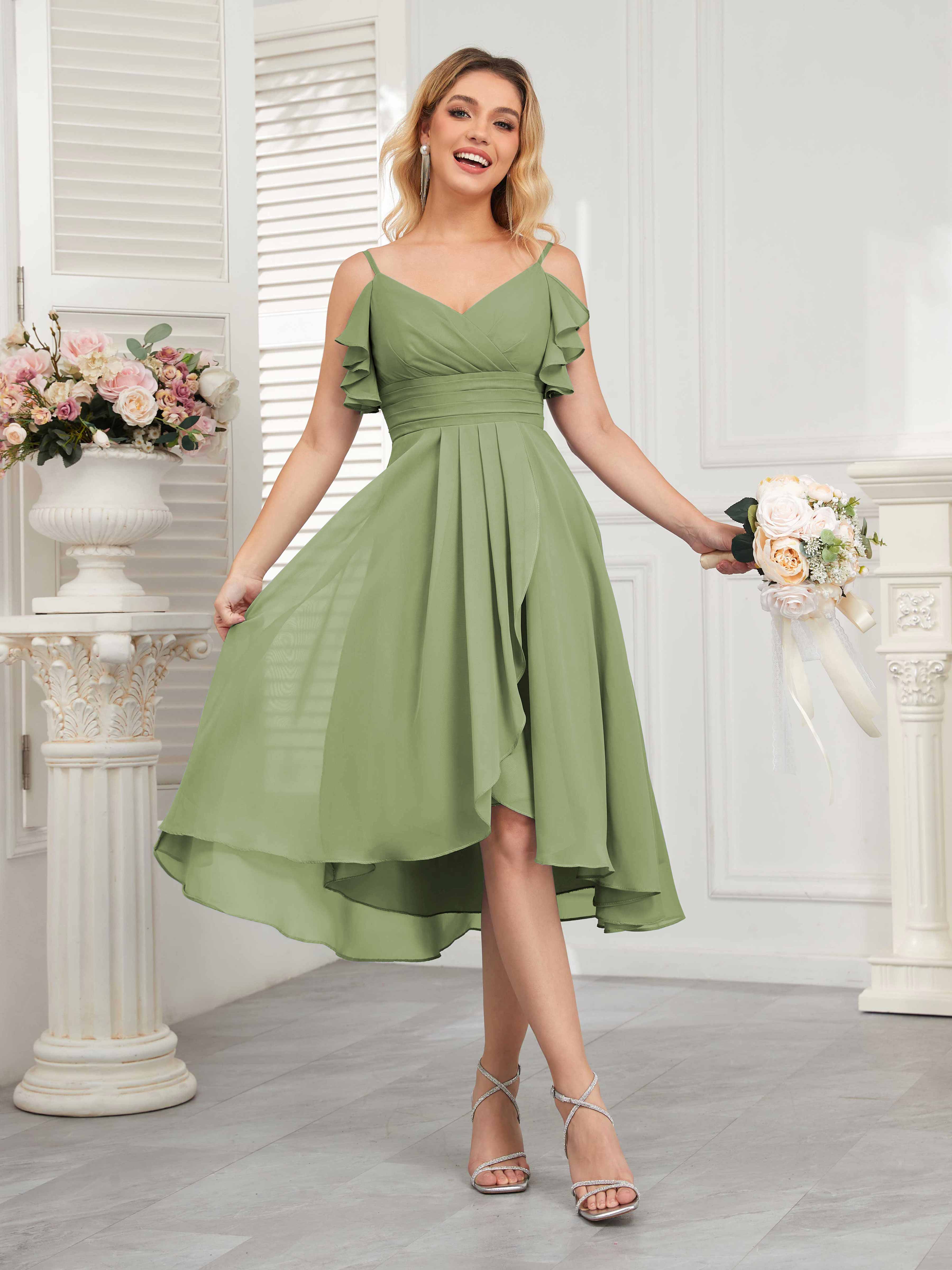 Brynn Flowing V Neck Ruched Knee Length Chiffon Bridesmaid Dresses