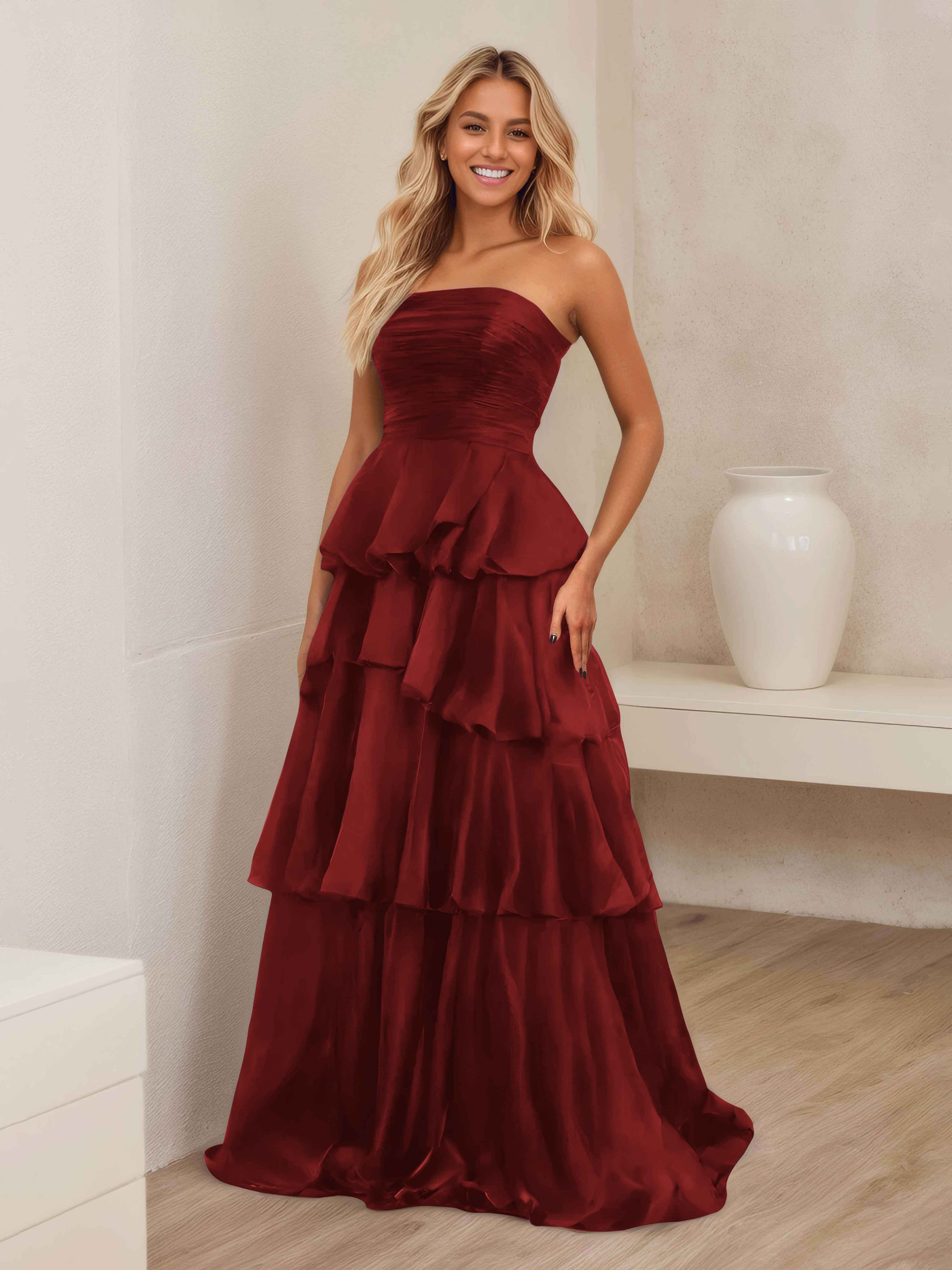 Ellianna Trendy Strapless Tiered Long Satin Formal Dresses