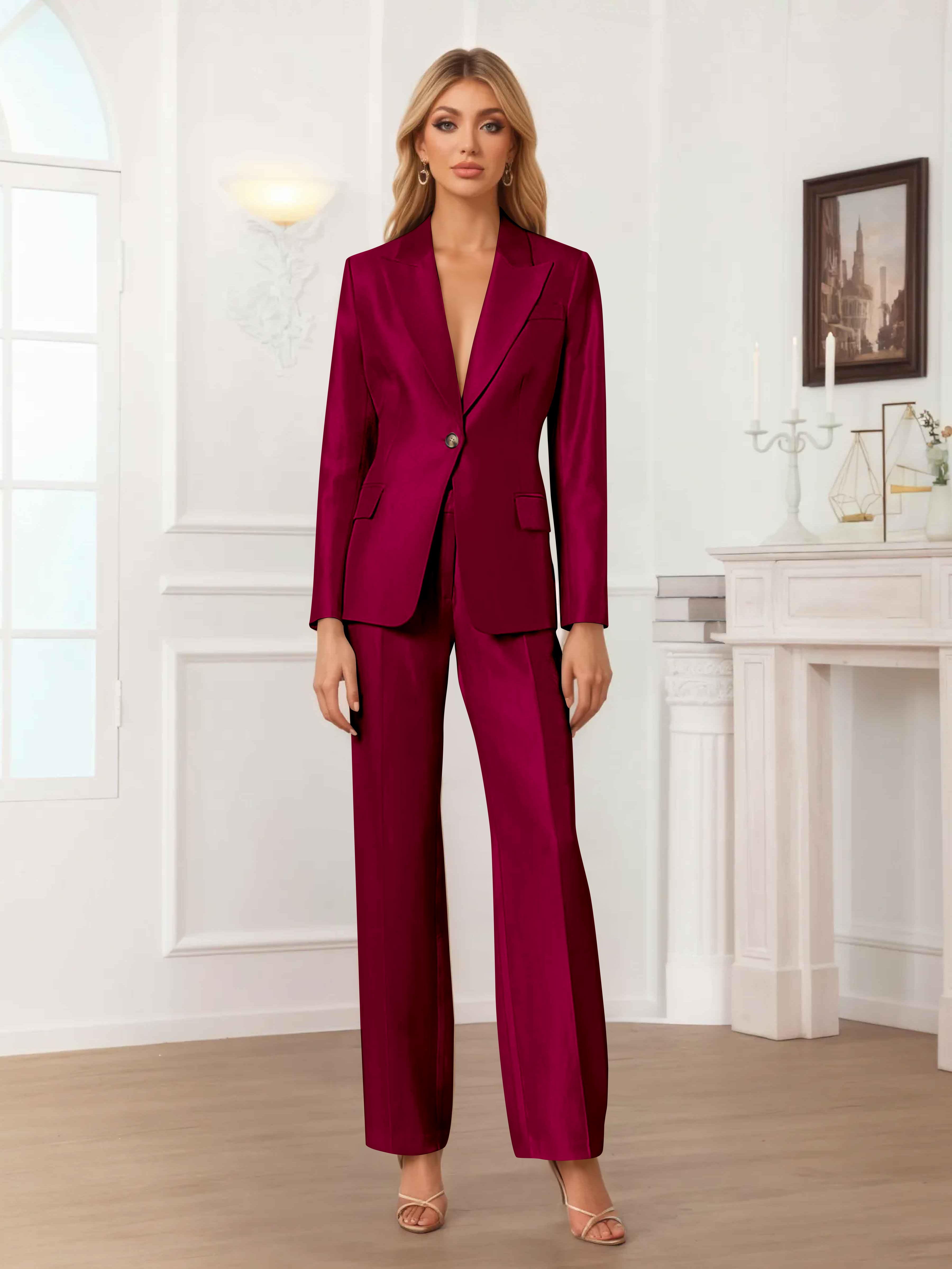 Women's 2 Pieces Peak Lapel One-Button Satin Formal Suit Set UK