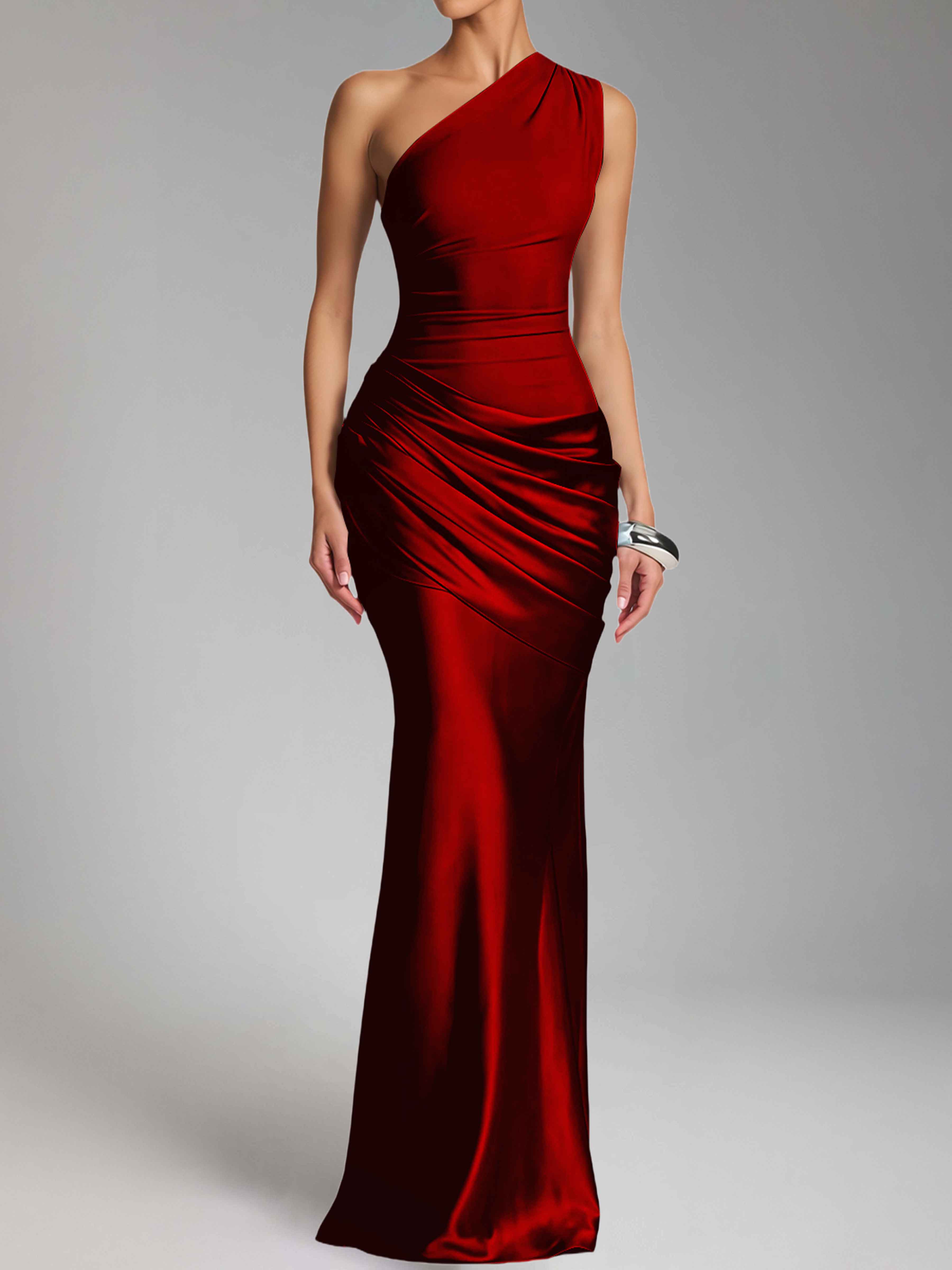 Jaelithra Elegant One Shoulder Pleated Satin Long Prom Dresses