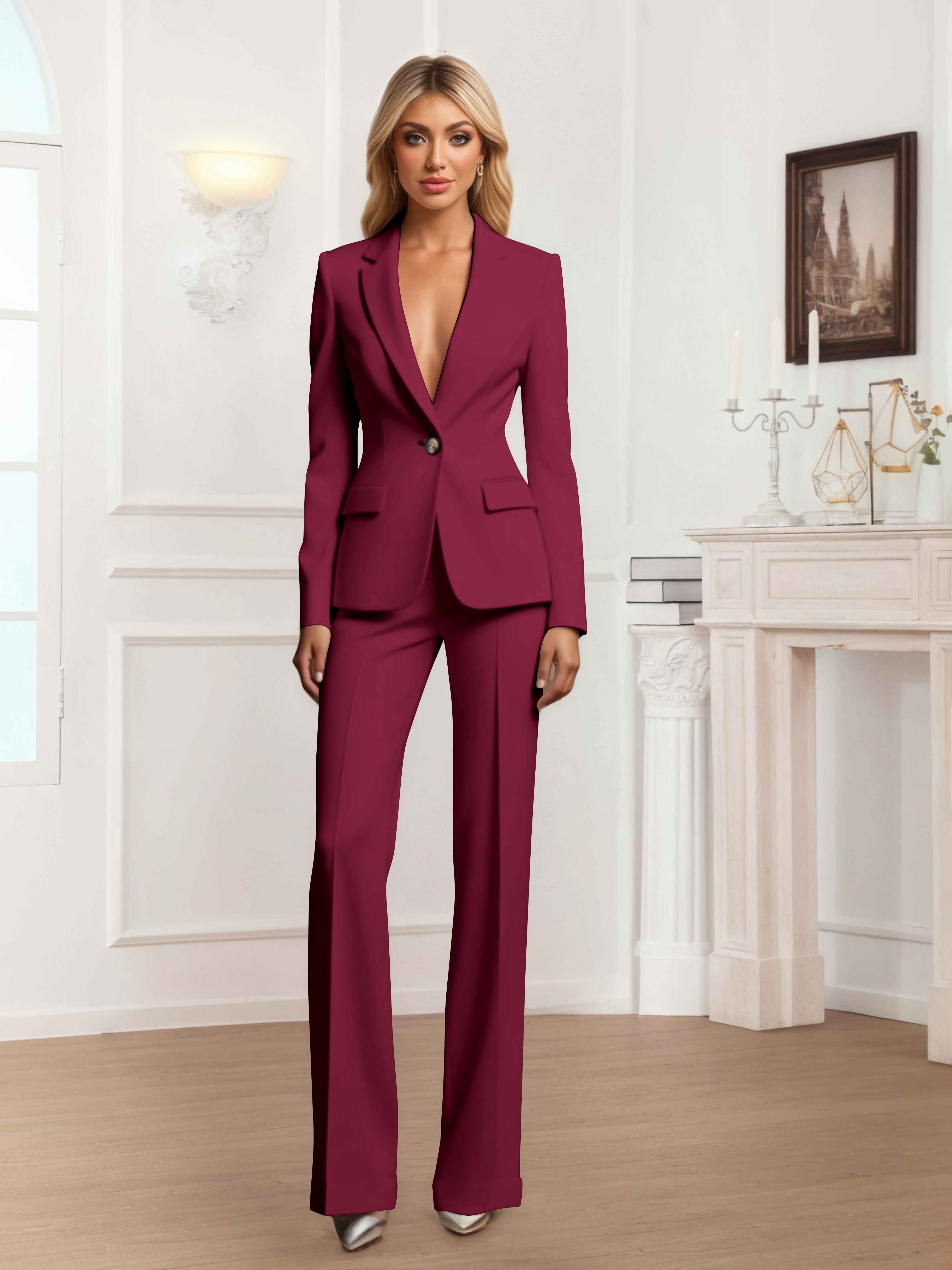 Women's 2 Pieces One Button Slim Fit Business Blazer UK