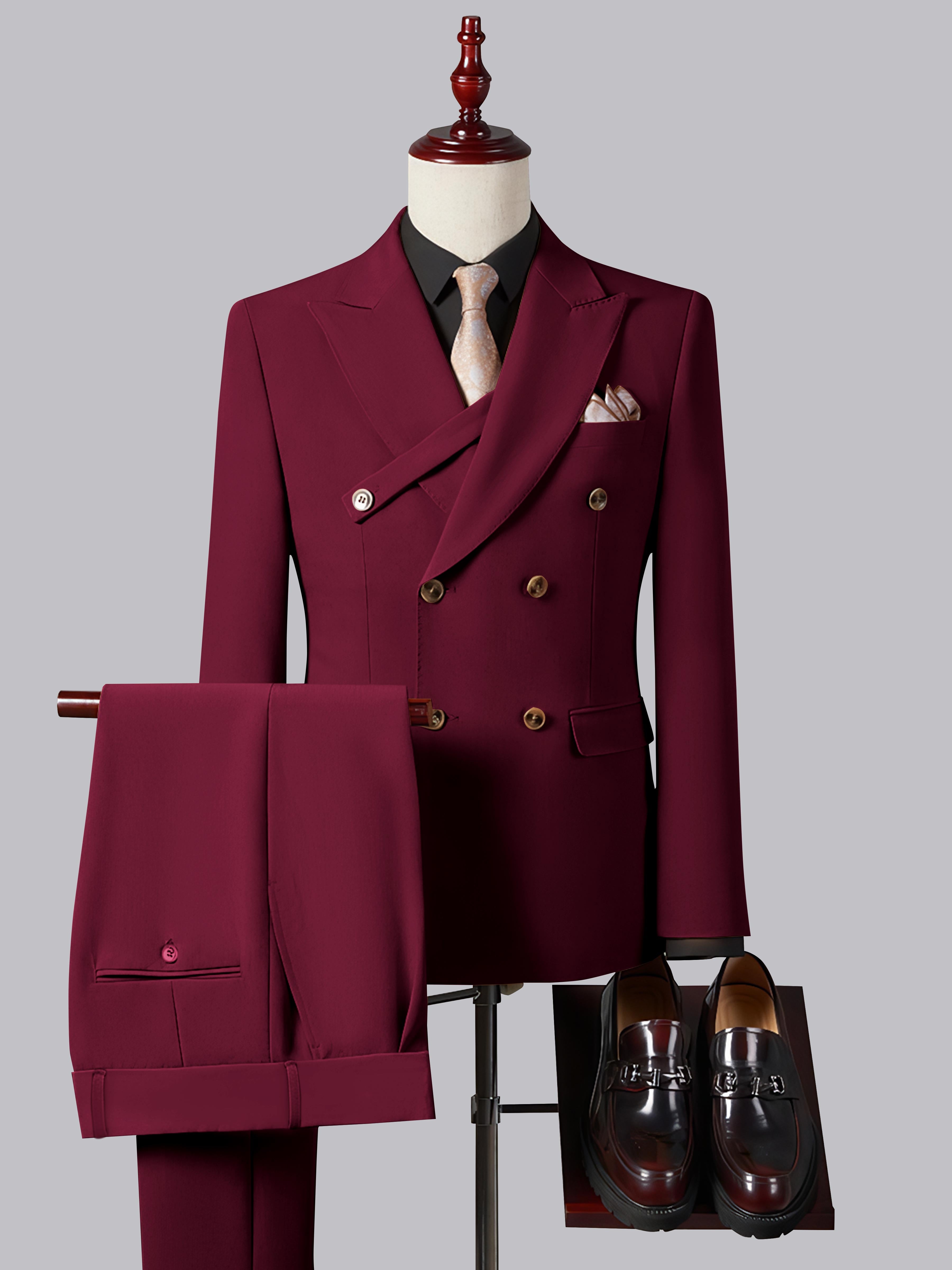 Refined Slim Fit Double Breasted Men's 2 Pieces Peak Lapel Suit with Strap