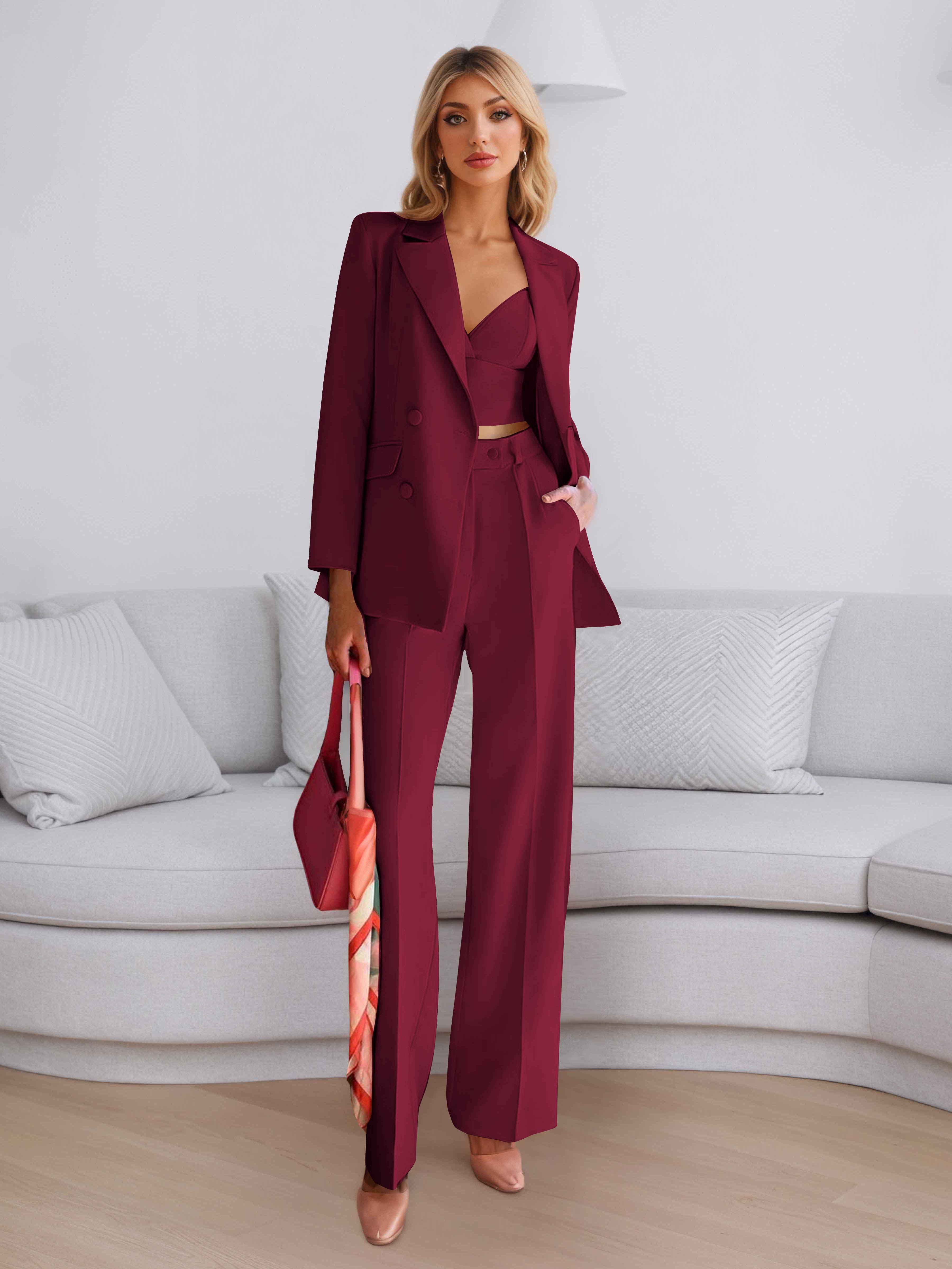 Elegant Women's 3 Pieces Solid Formal Blazer and Pants Suit Set UK