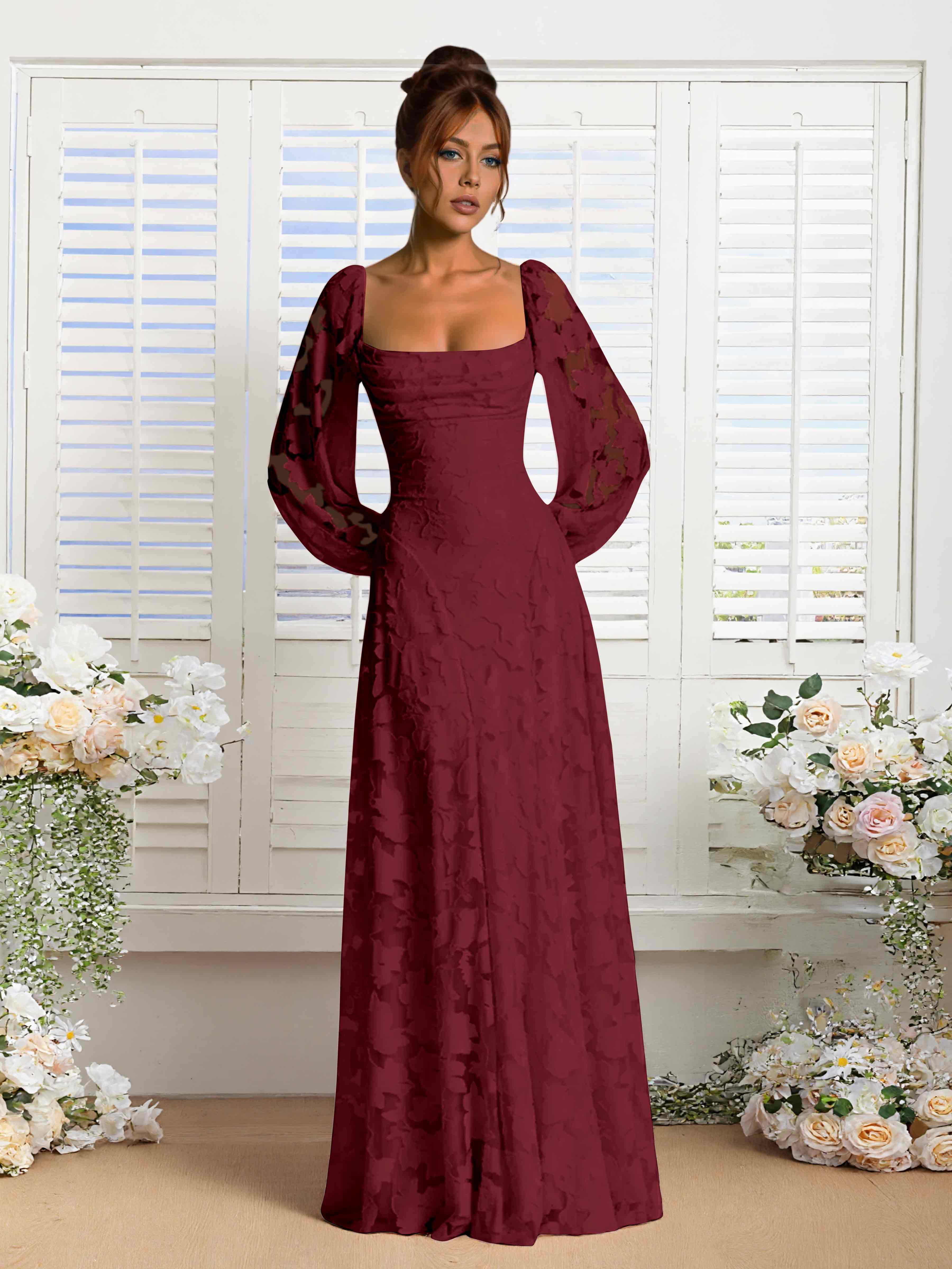 Xandra Delicate Long Sleeves Ruched Long Floral Lace Formal Dresses
