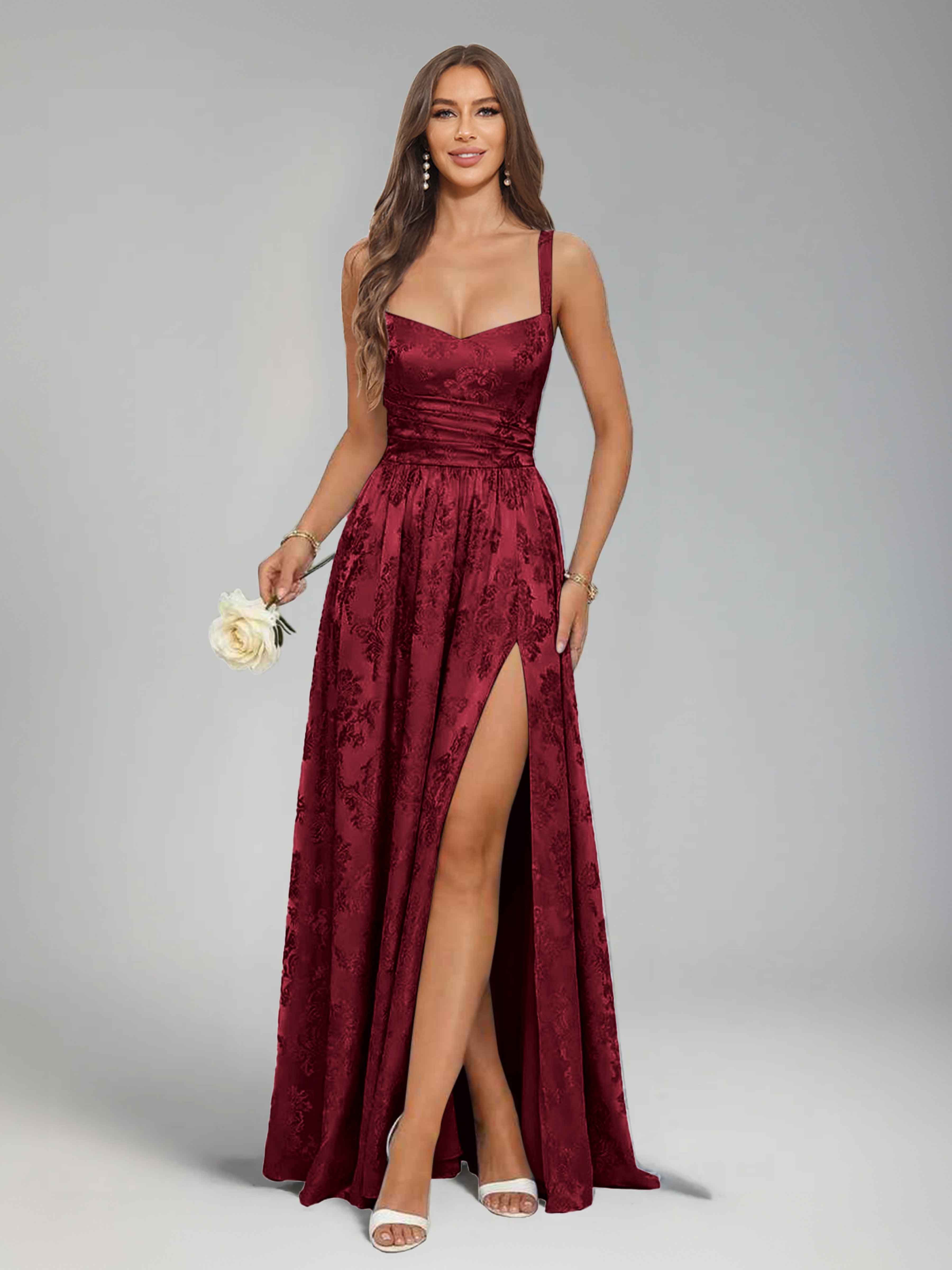 Jaelindra Glamorous A-Line Spaghetti Straps Ruched Slit Long Jacquard Party Dresses