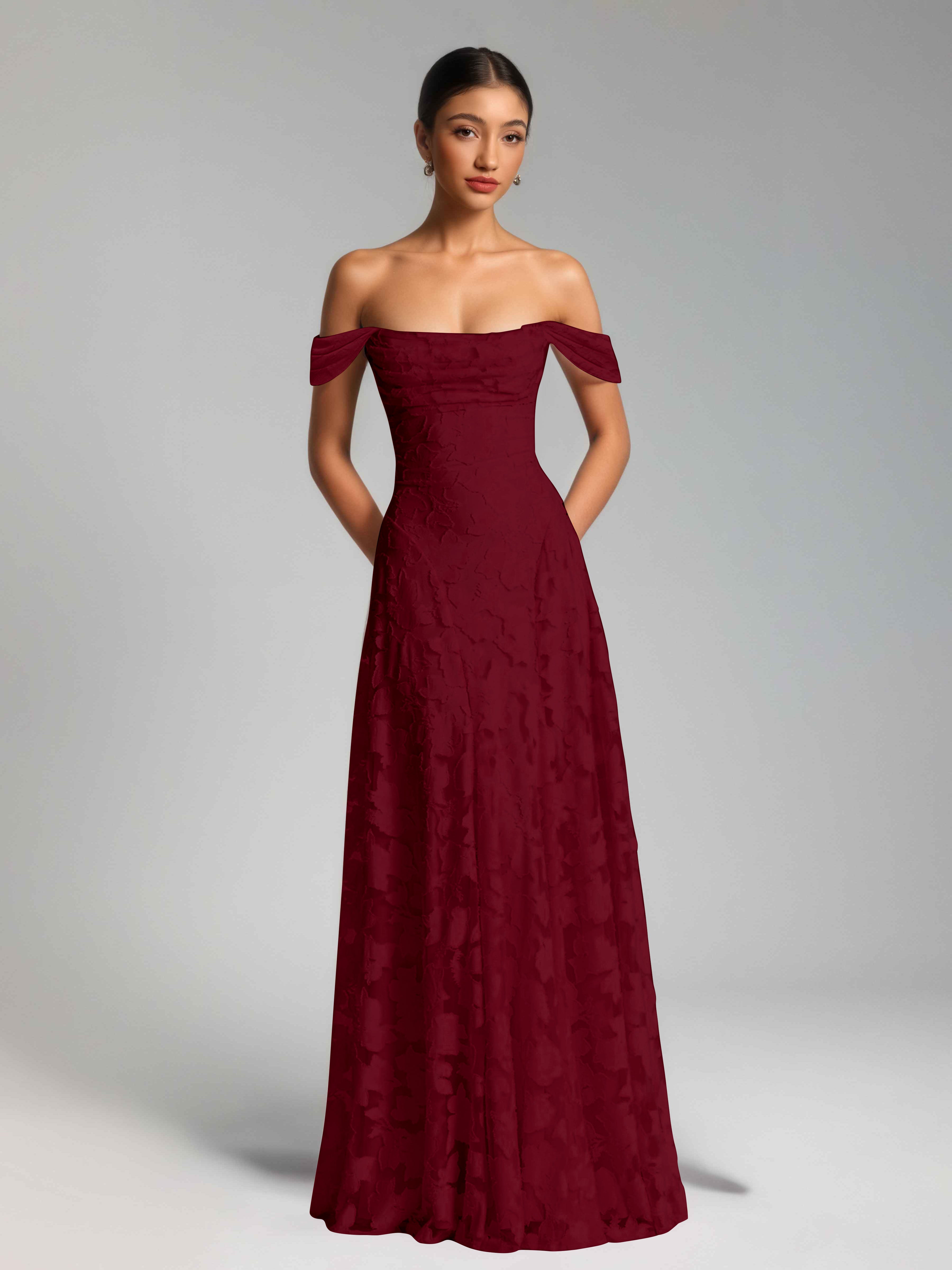 Oraelithra Graceful A-Line Off the Shoulder Floor Length Jacquard Bridesmaid Dresses