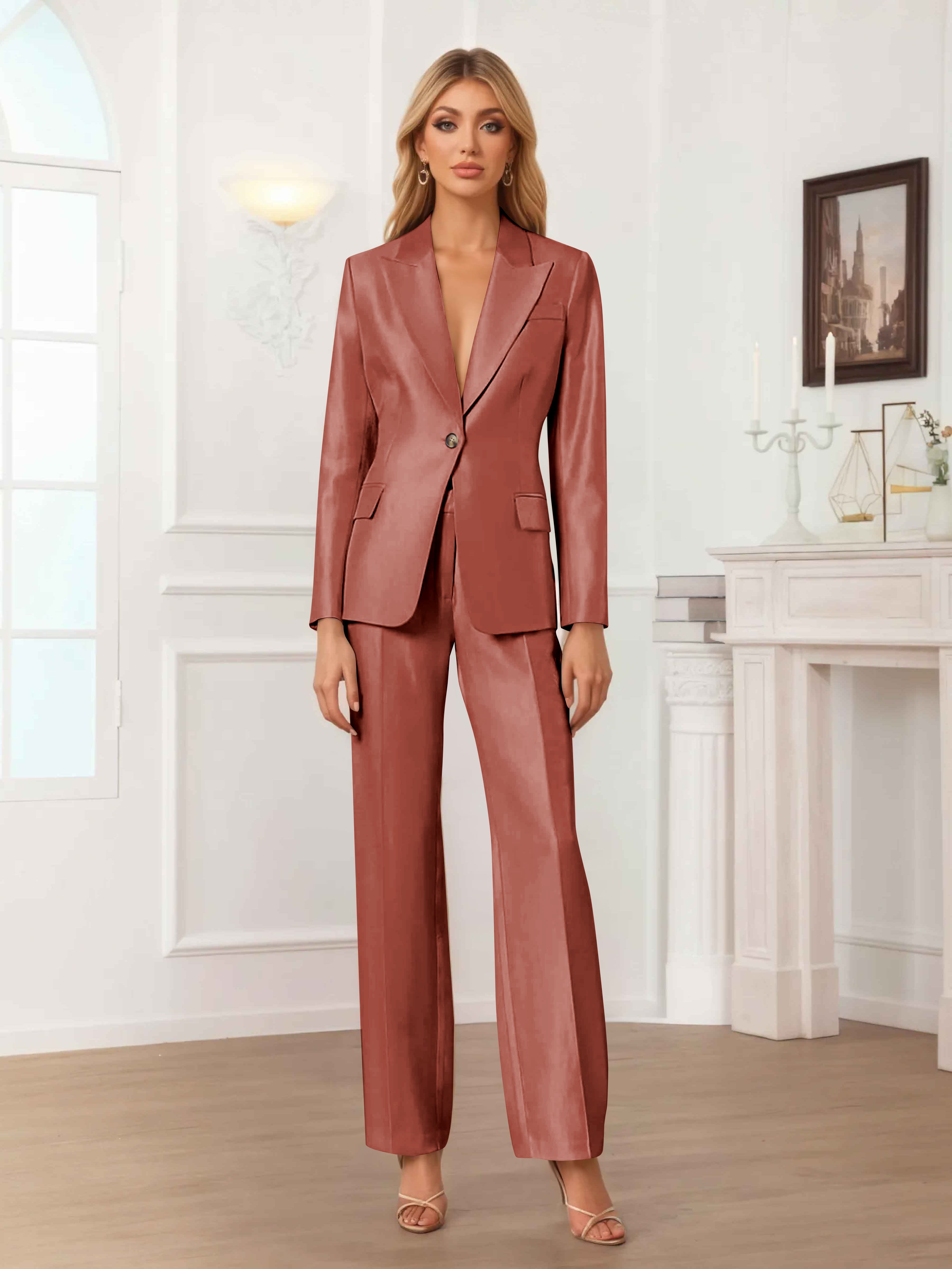 Women's 2 Pieces Peak Lapel One-Button Satin Formal Suit Set UK