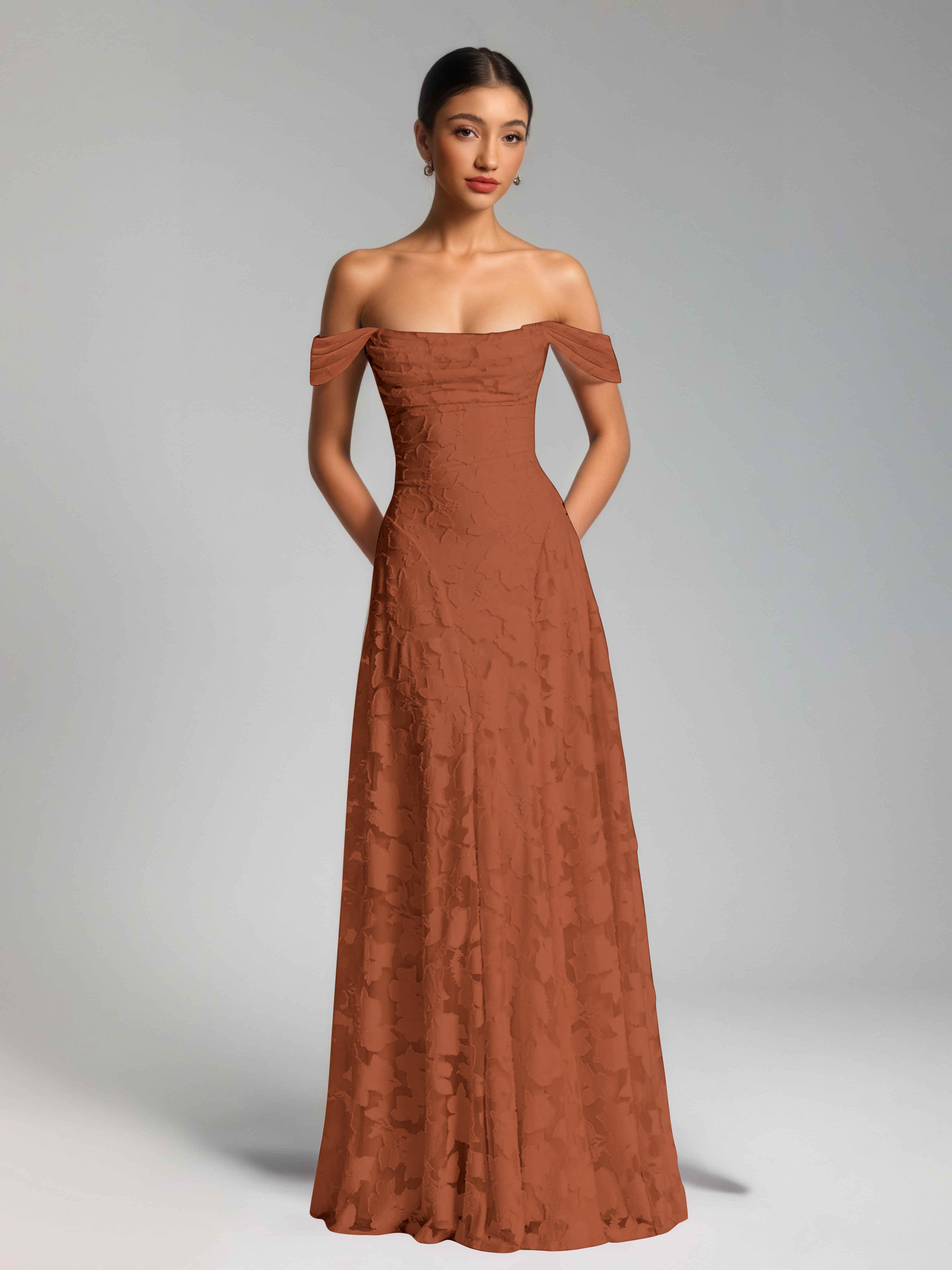 Oraelithra Graceful A-Line Off the Shoulder Floor Length Jacquard Bridesmaid Dresses