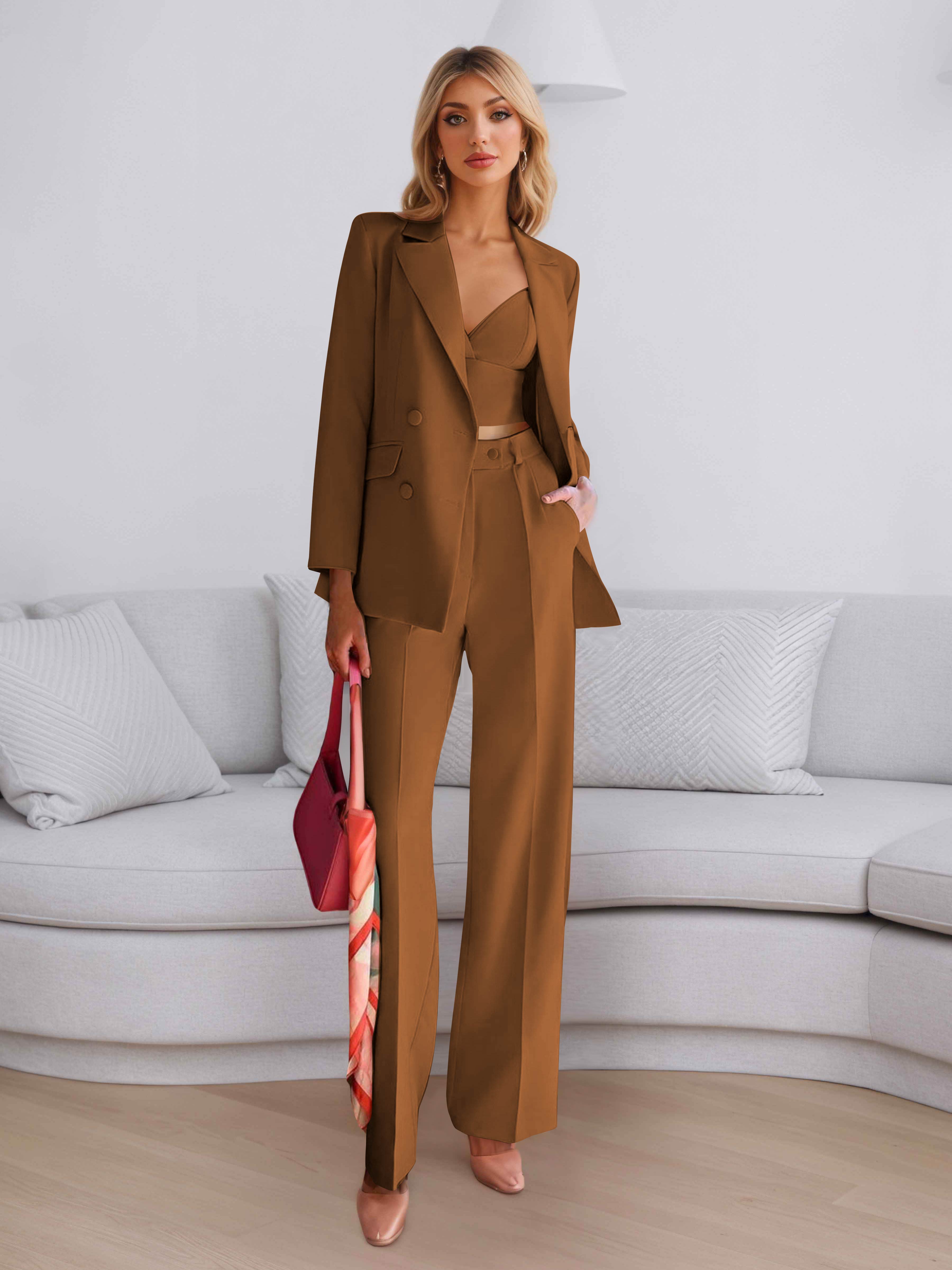 Elegant Women's 3 Pieces Solid Formal Blazer and Pants Suit Set UK