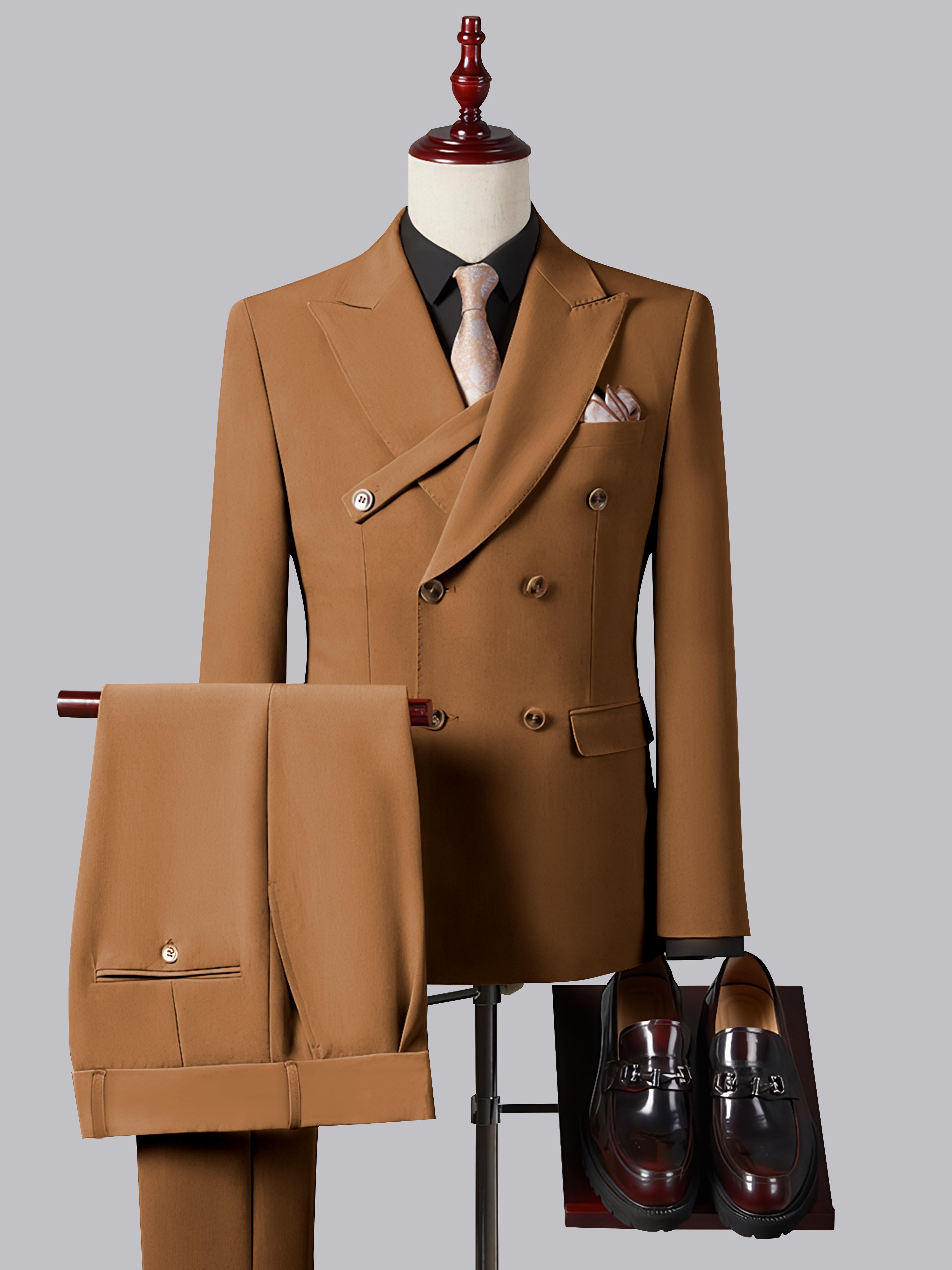 Refined Slim Fit Double Breasted Men's 2 Pieces Peak Lapel Suit with Strap