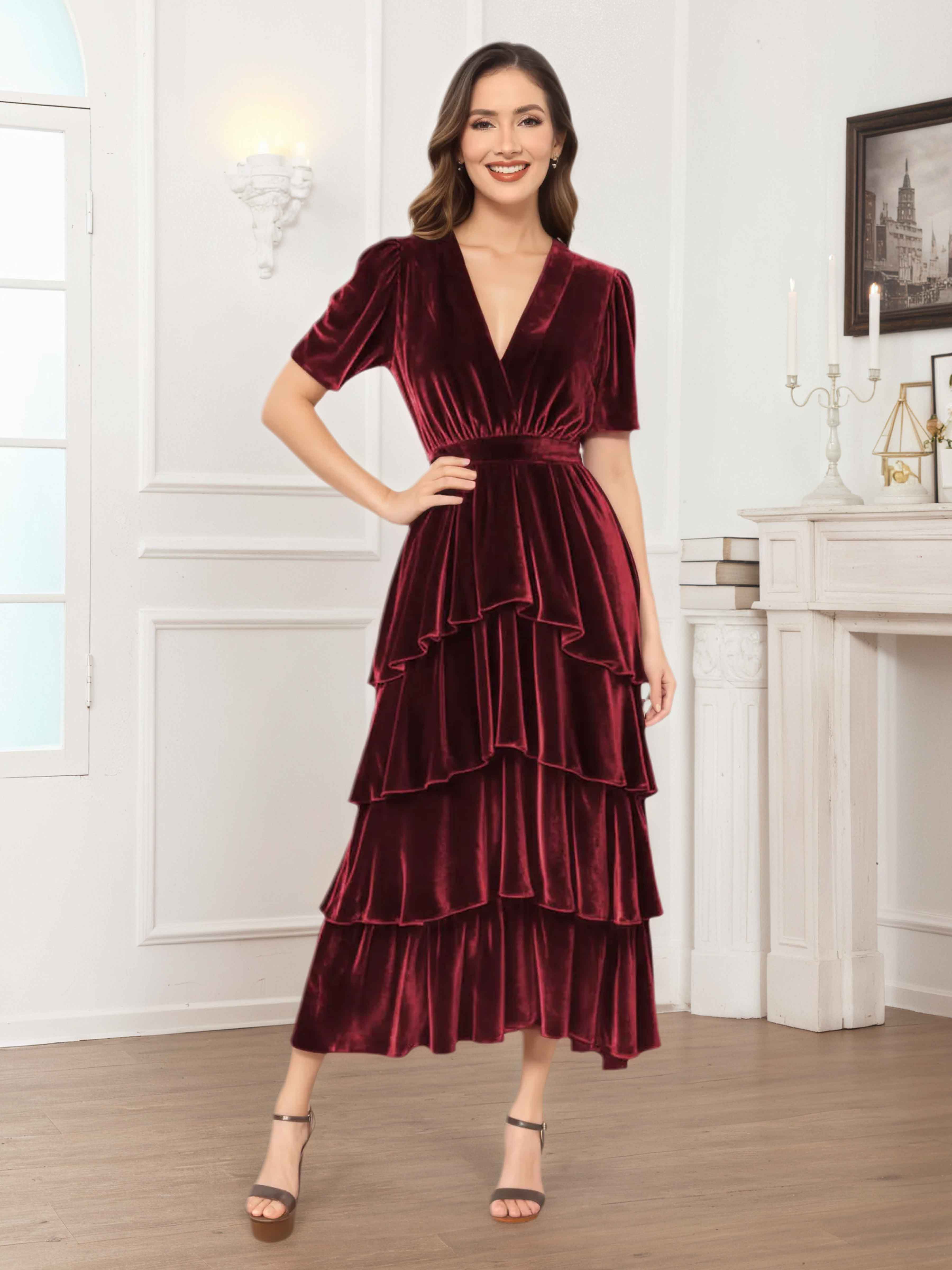 Caelia Serene V-neck Short Sleeves Tiered Tea Length Velvet Bridesmaid Dresses