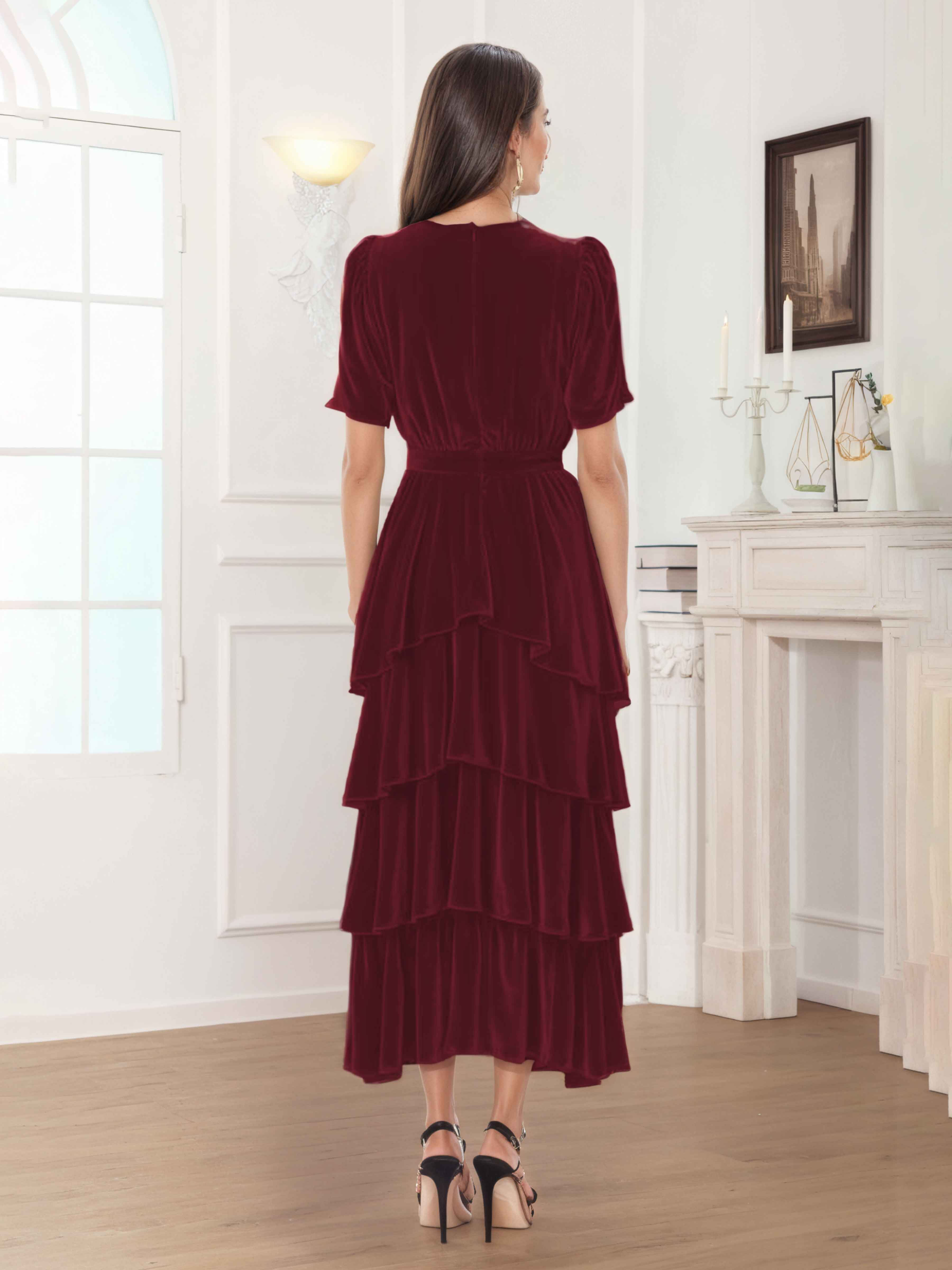 Caelia Serene V-neck Short Sleeves Tiered Tea Length Velvet Bridesmaid Dresses