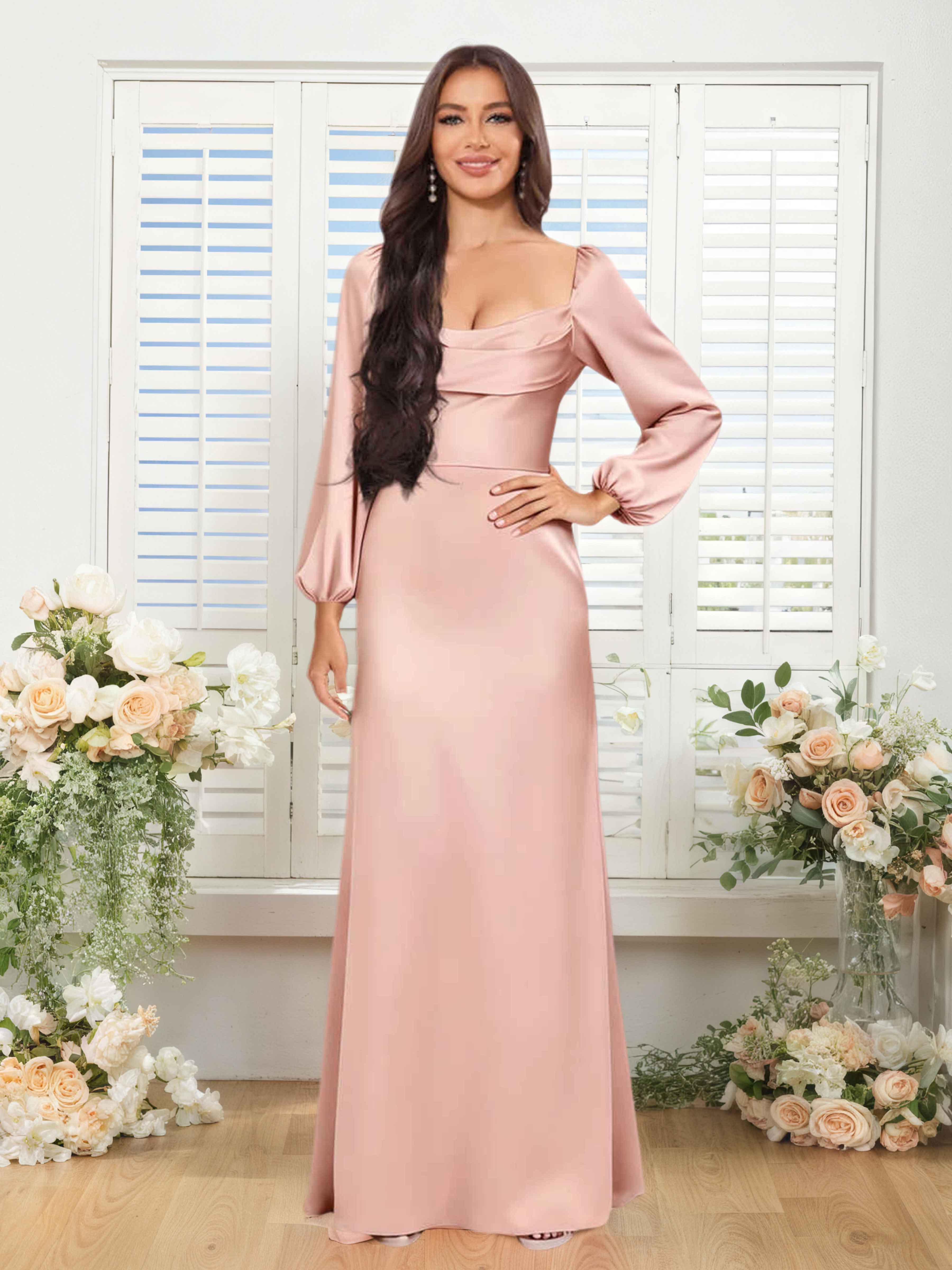 Carys Modern Cowl Pleated Long Sleeves Satin Bridesmaid Dresses