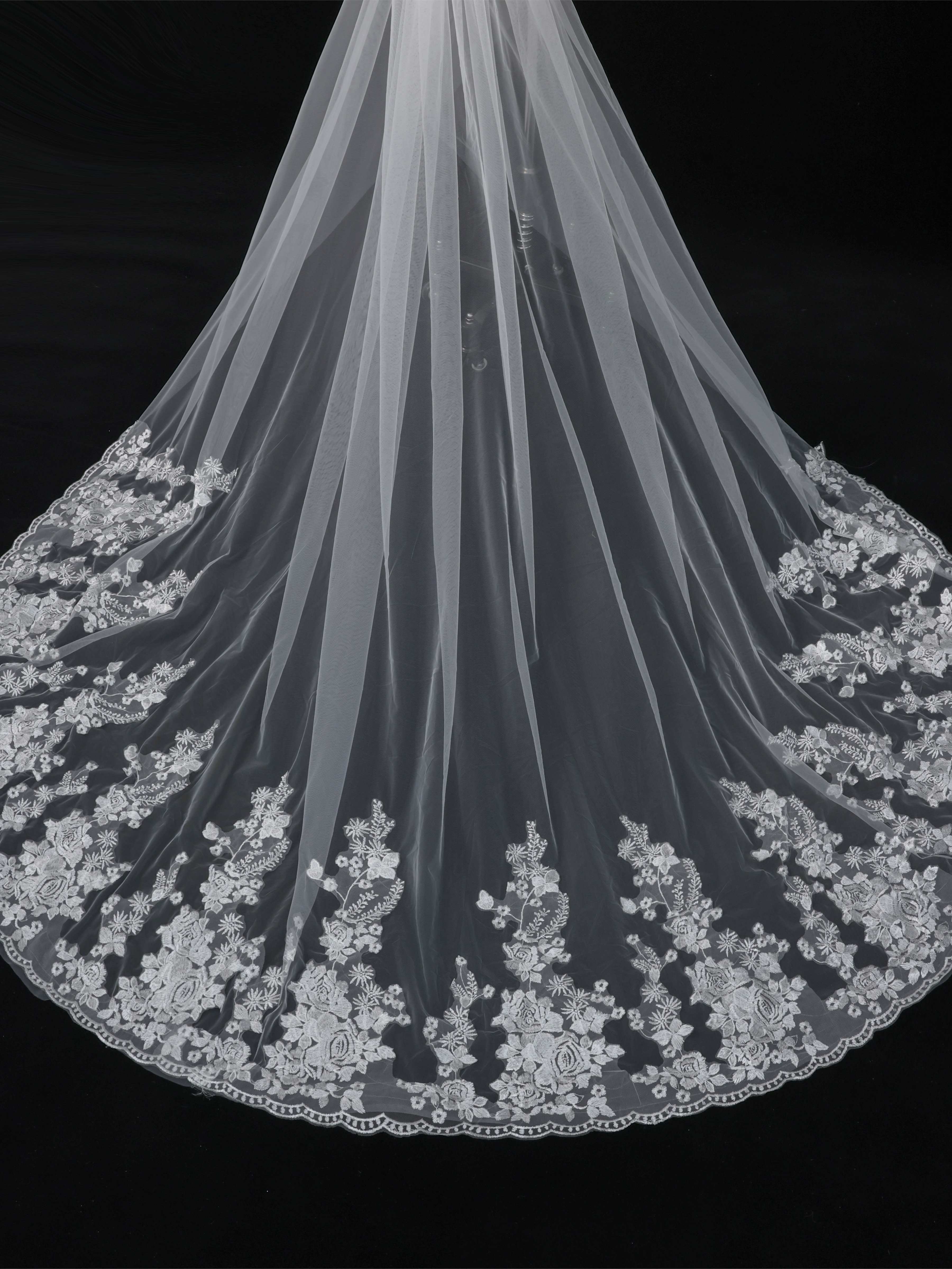 Cathedral Wedding Veil with Floral Lace Edge