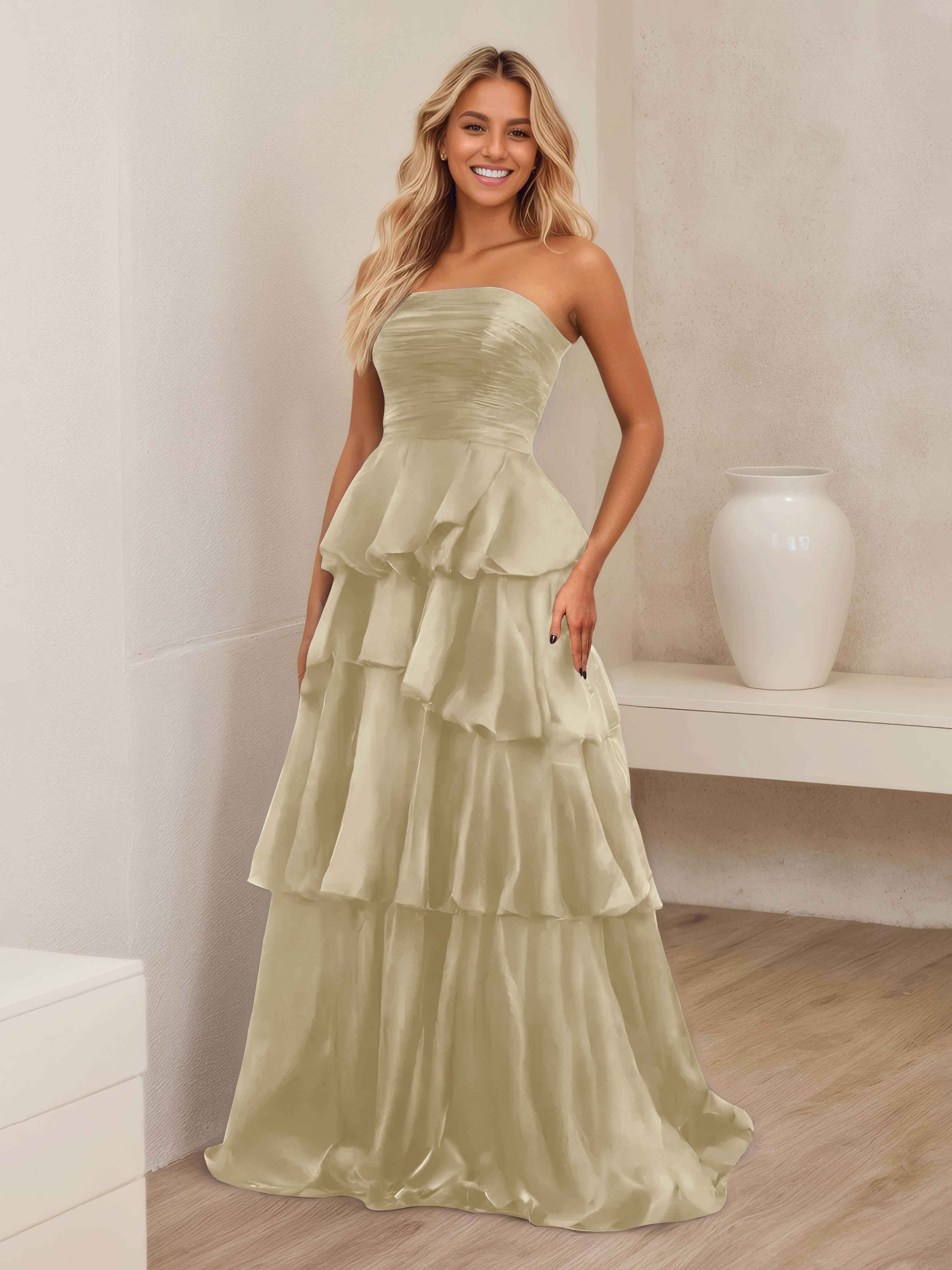 Ellianna Trendy Strapless Tiered Long Satin Formal Dresses