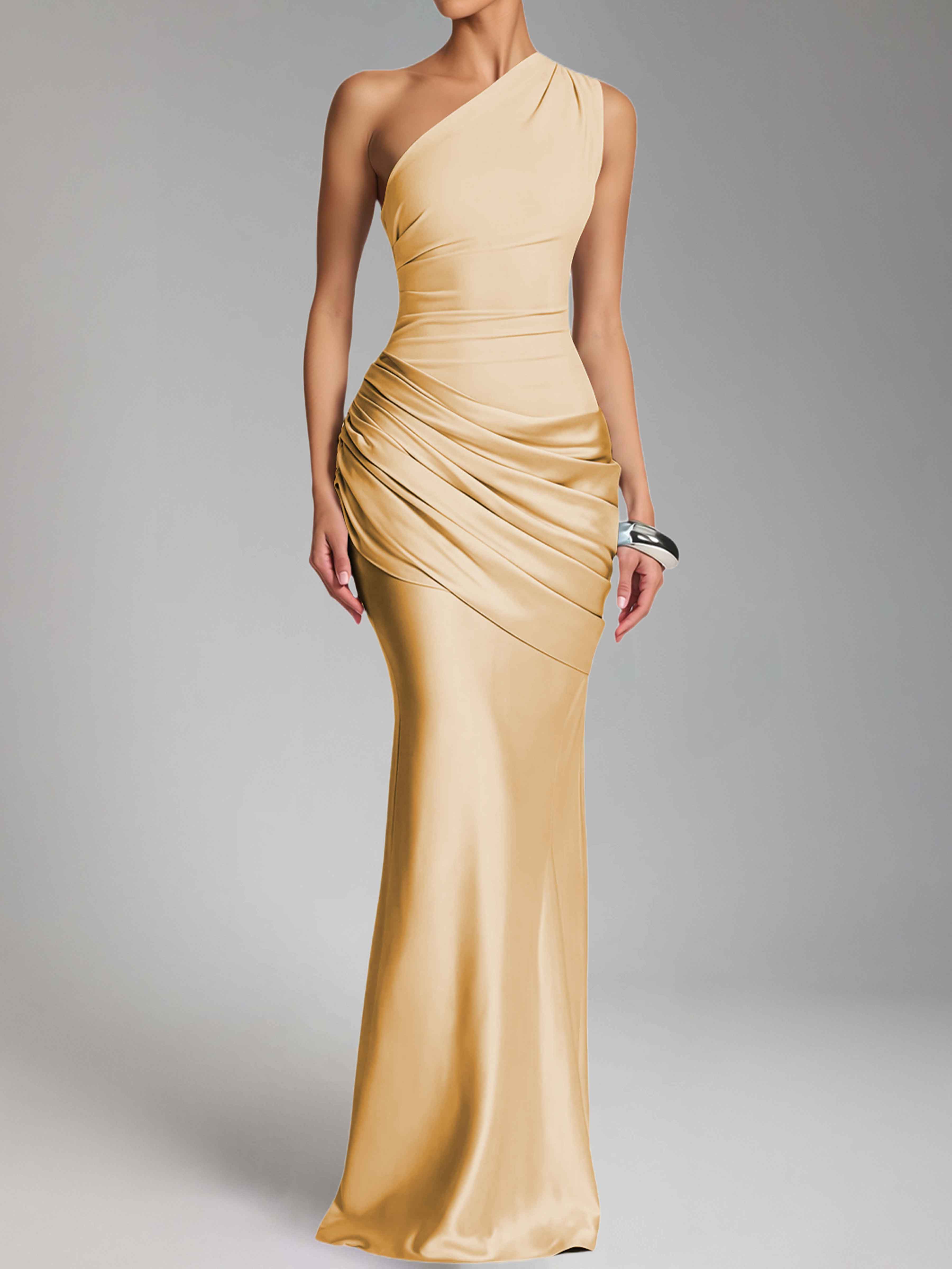 Jaelithra Elegant One Shoulder Pleated Satin Long Prom Dresses