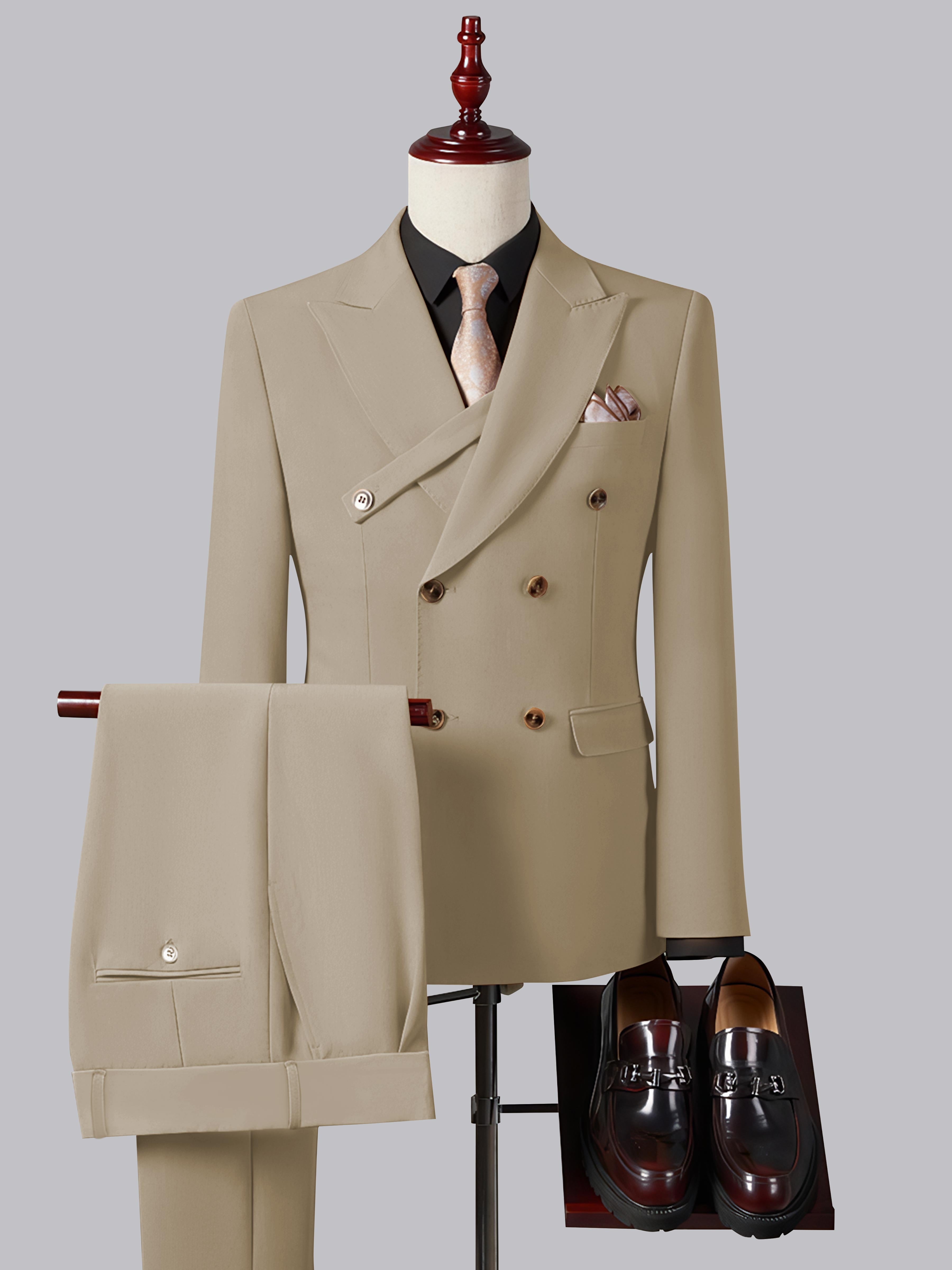 Refined Slim Fit Double Breasted Men's 2 Pieces Peak Lapel Suit with Strap