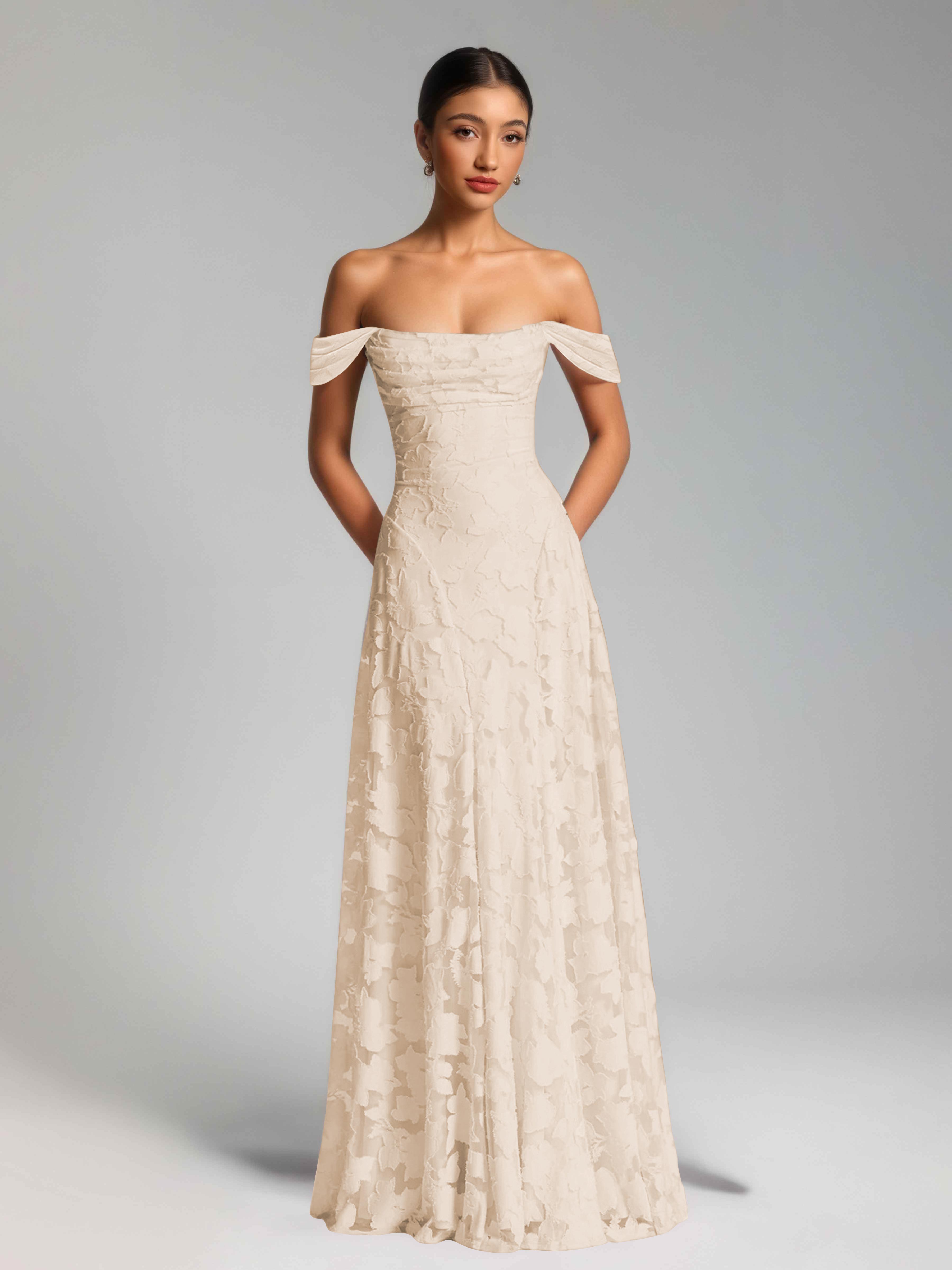 Oraelithra Graceful A-Line Off the Shoulder Floor Length Jacquard Bridesmaid Dresses