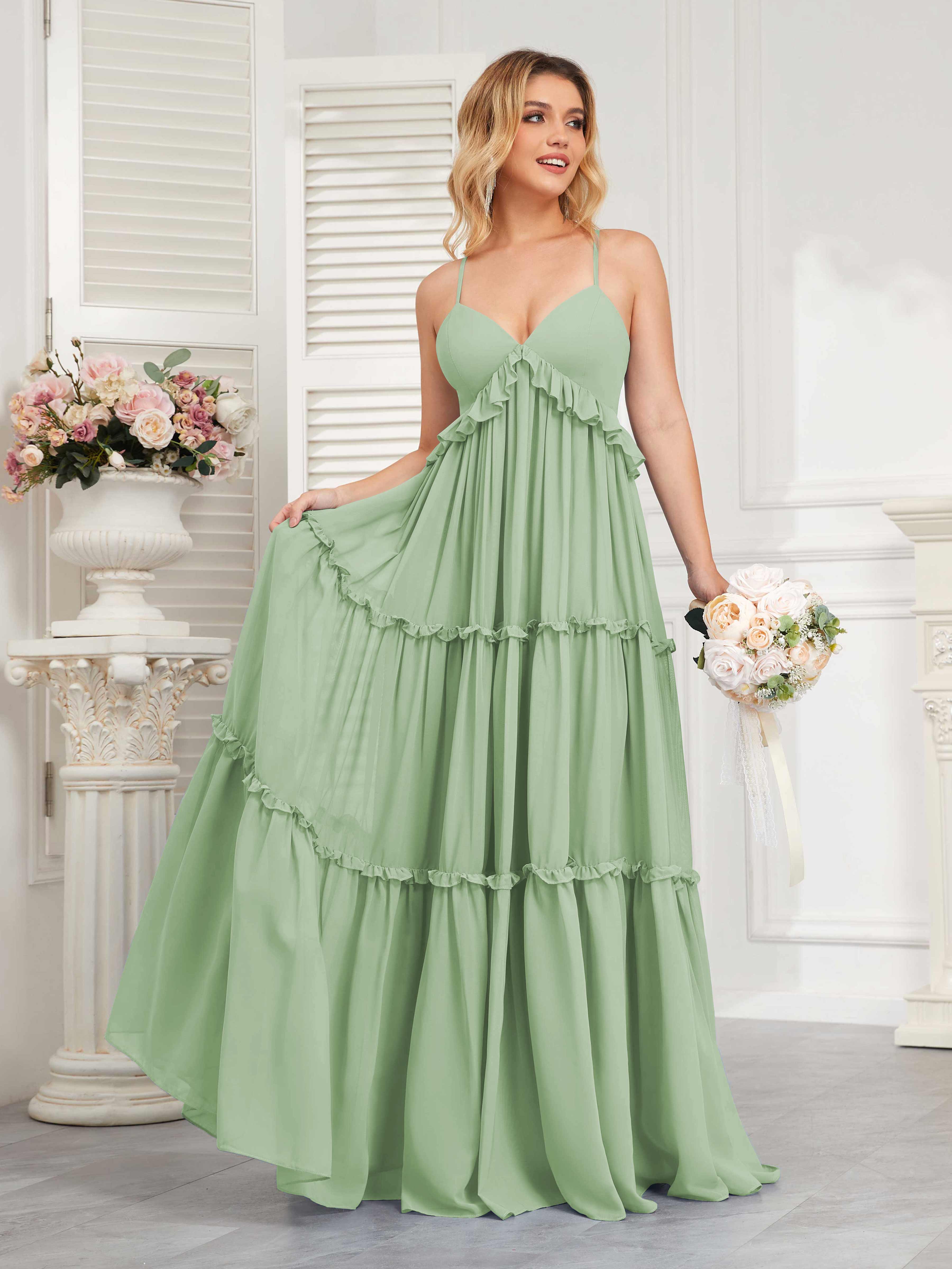 Charli Trendy Empire Waist Tiered Long Chiffon Bridesmaid Dresses