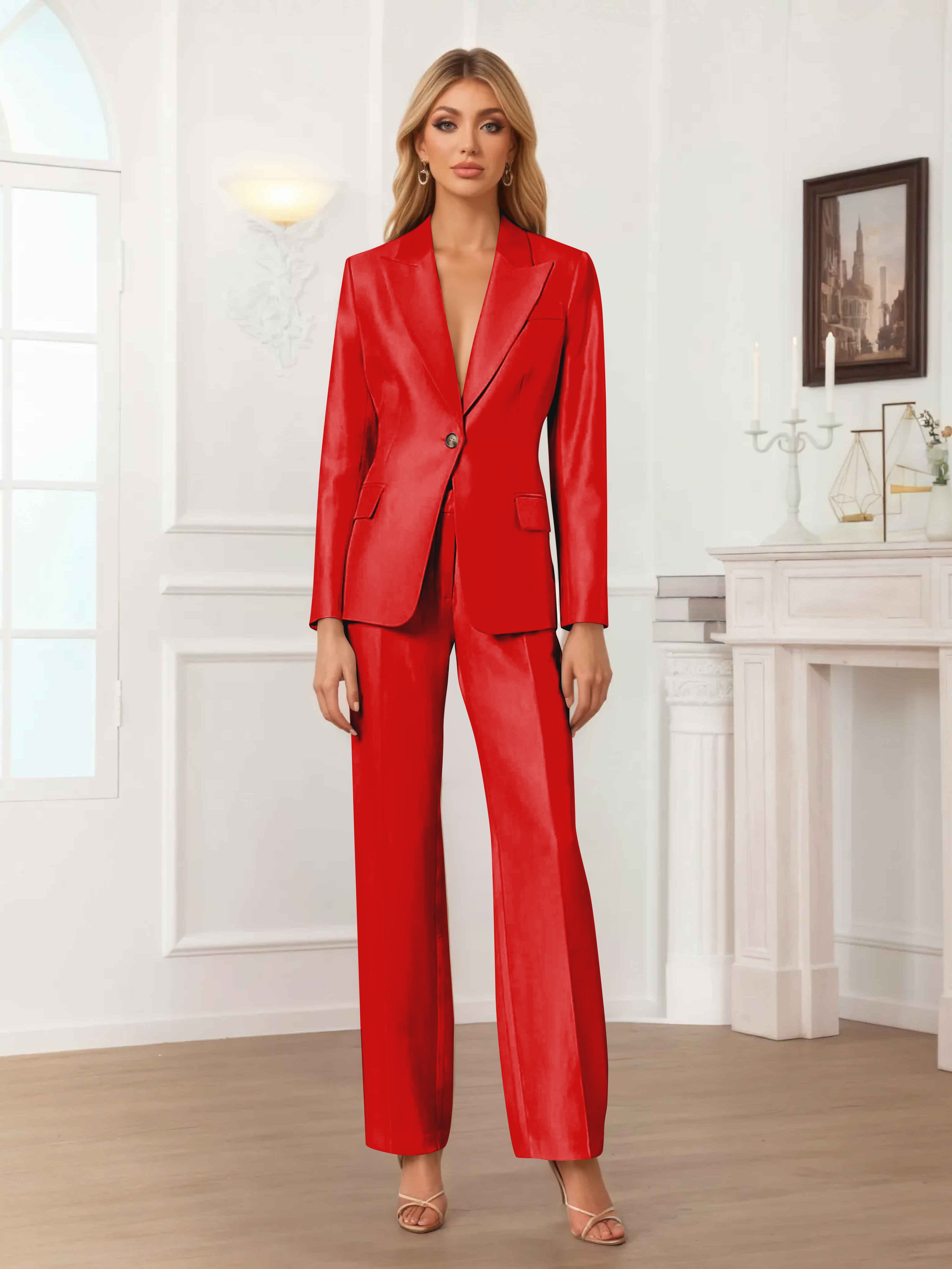 Women's 2 Pieces Peak Lapel One-Button Satin Formal Suit Set UK