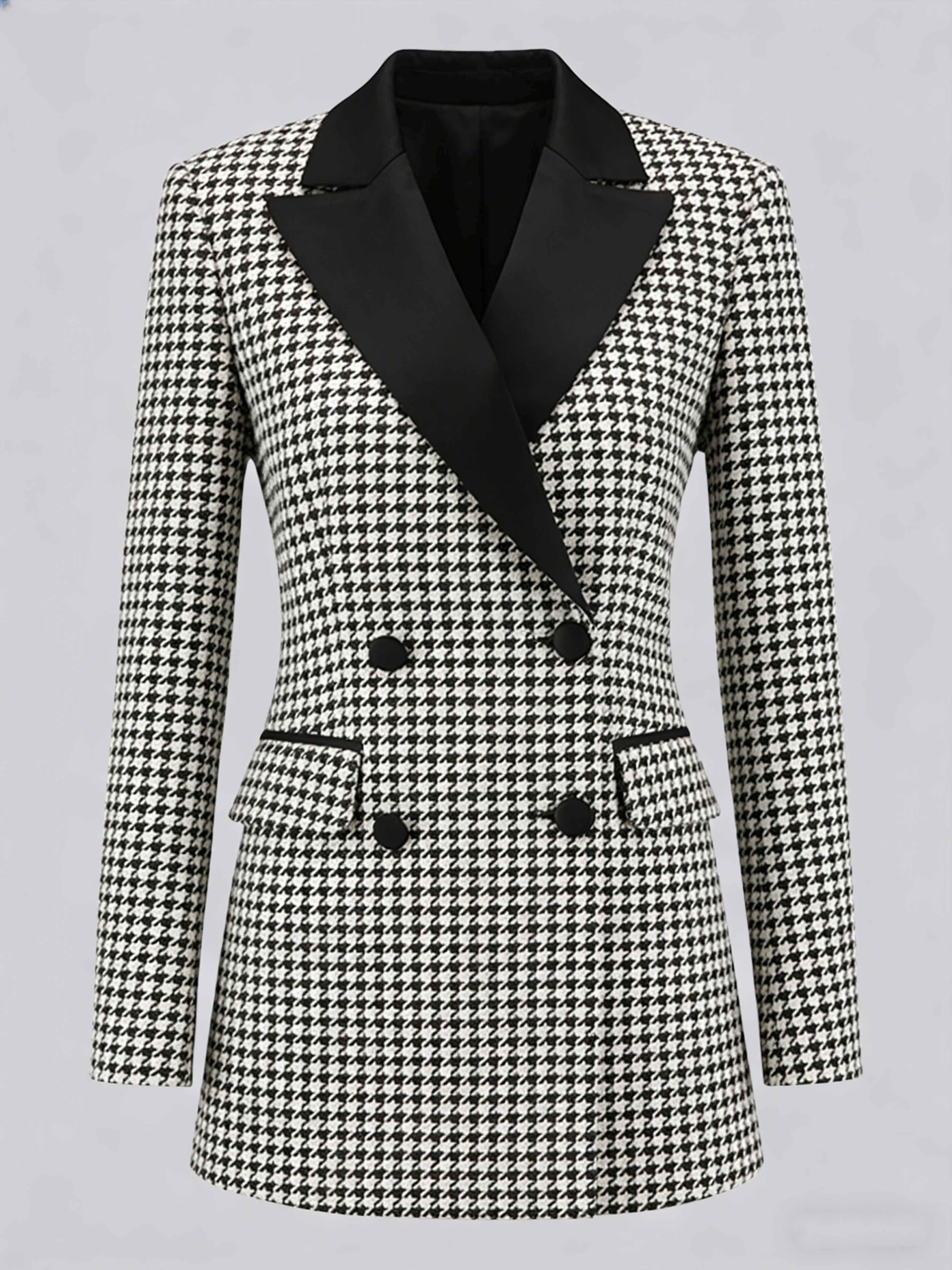 Chic Women's Houndstooth Notch Lapel Double Breasted Suit Jacket UK
