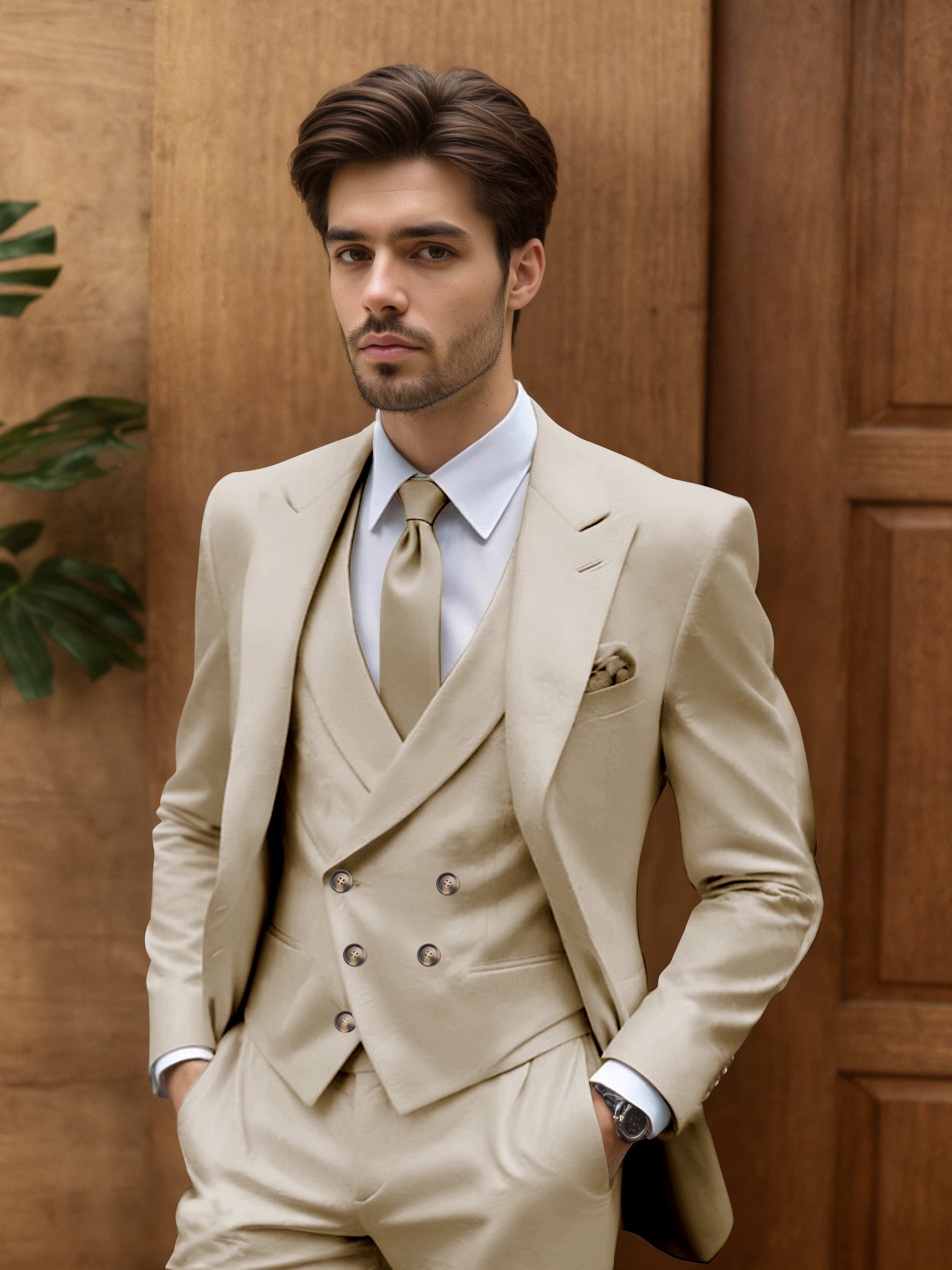 Contemporary Slim Cut Men's 3 Pieces Outdoor Wedding Suits