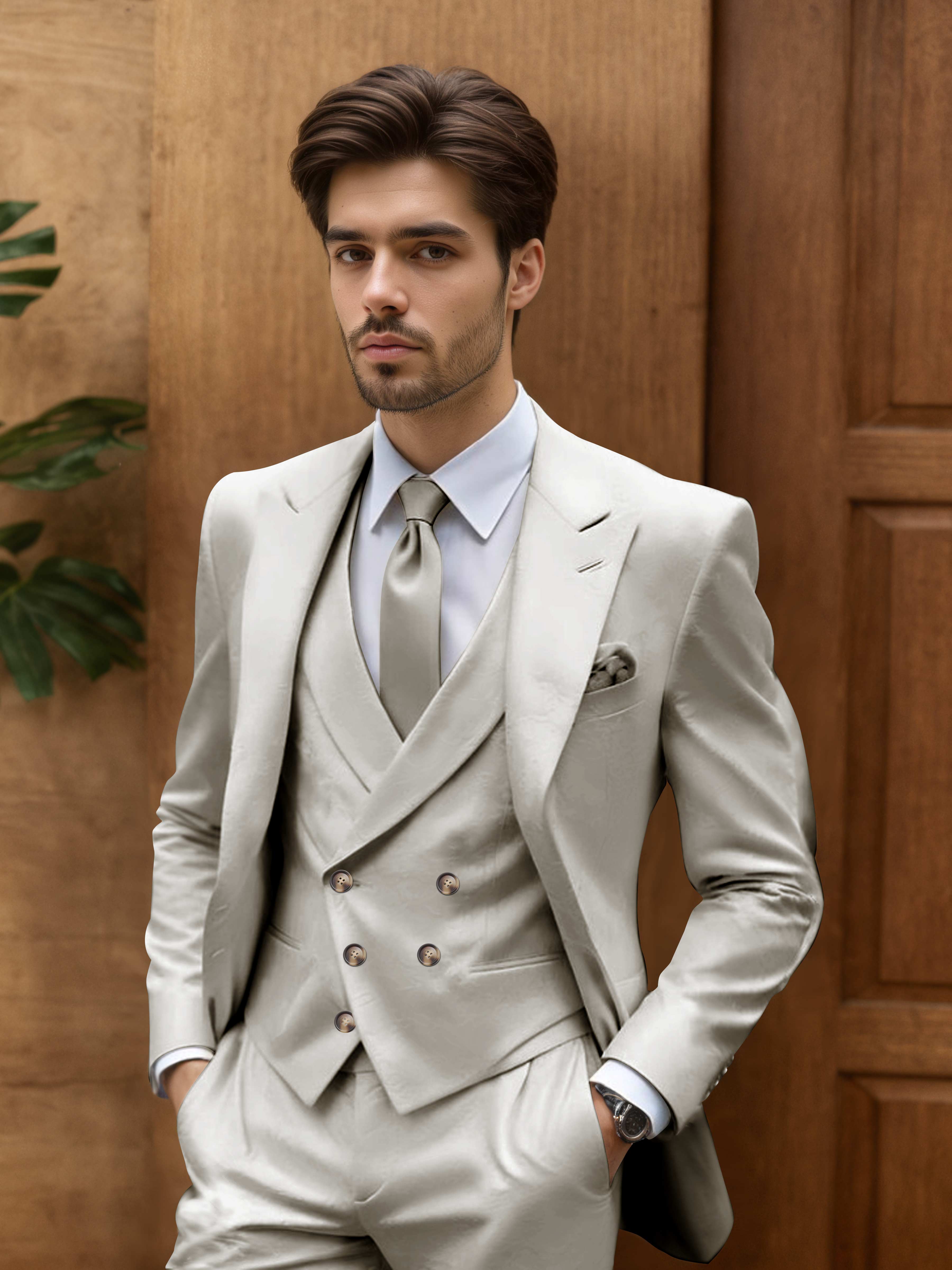Contemporary Slim Cut Men's 3 Pieces Outdoor Wedding Suits