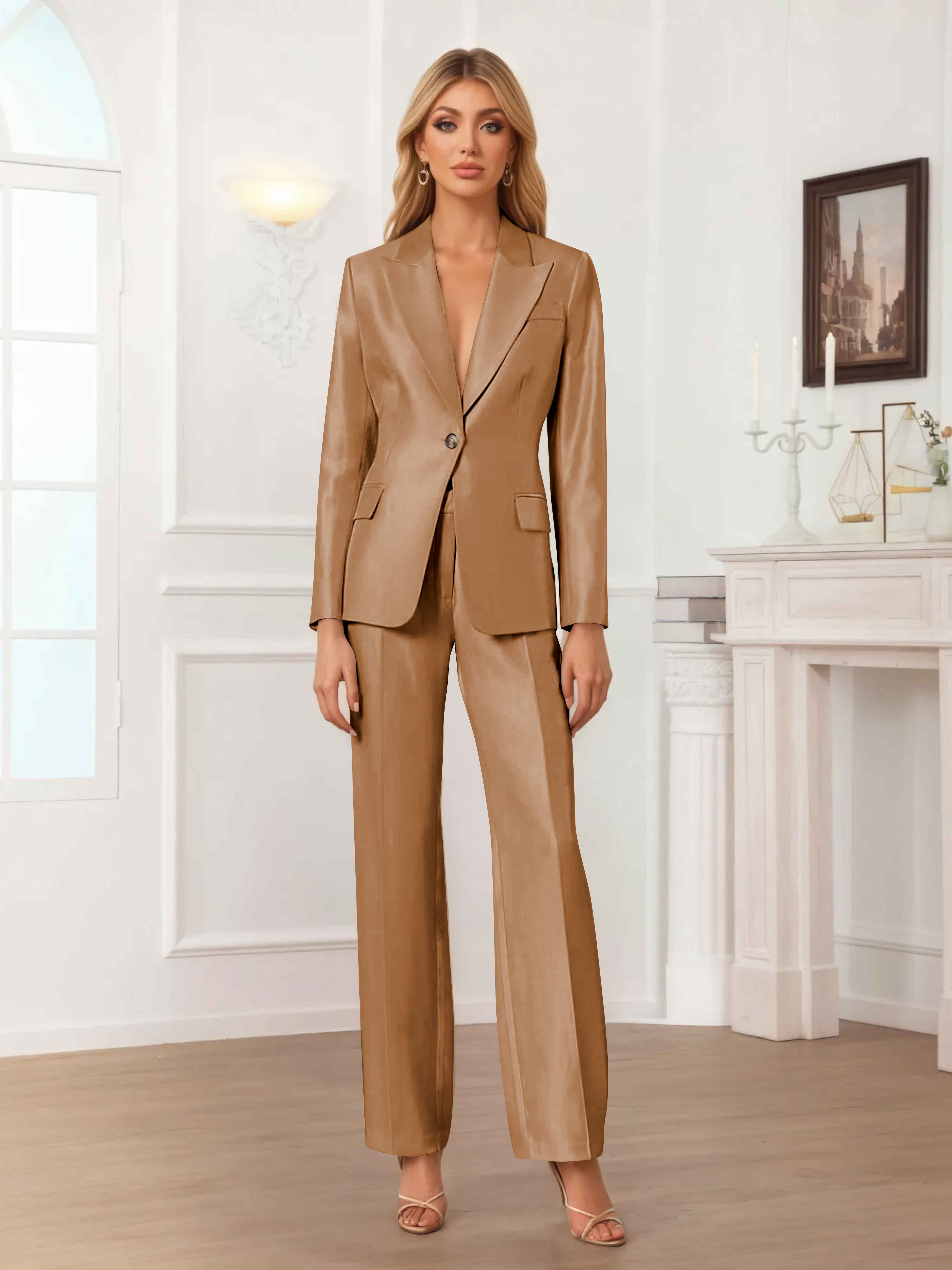 Women's 2 Pieces Peak Lapel One-Button Satin Formal Suit Set UK