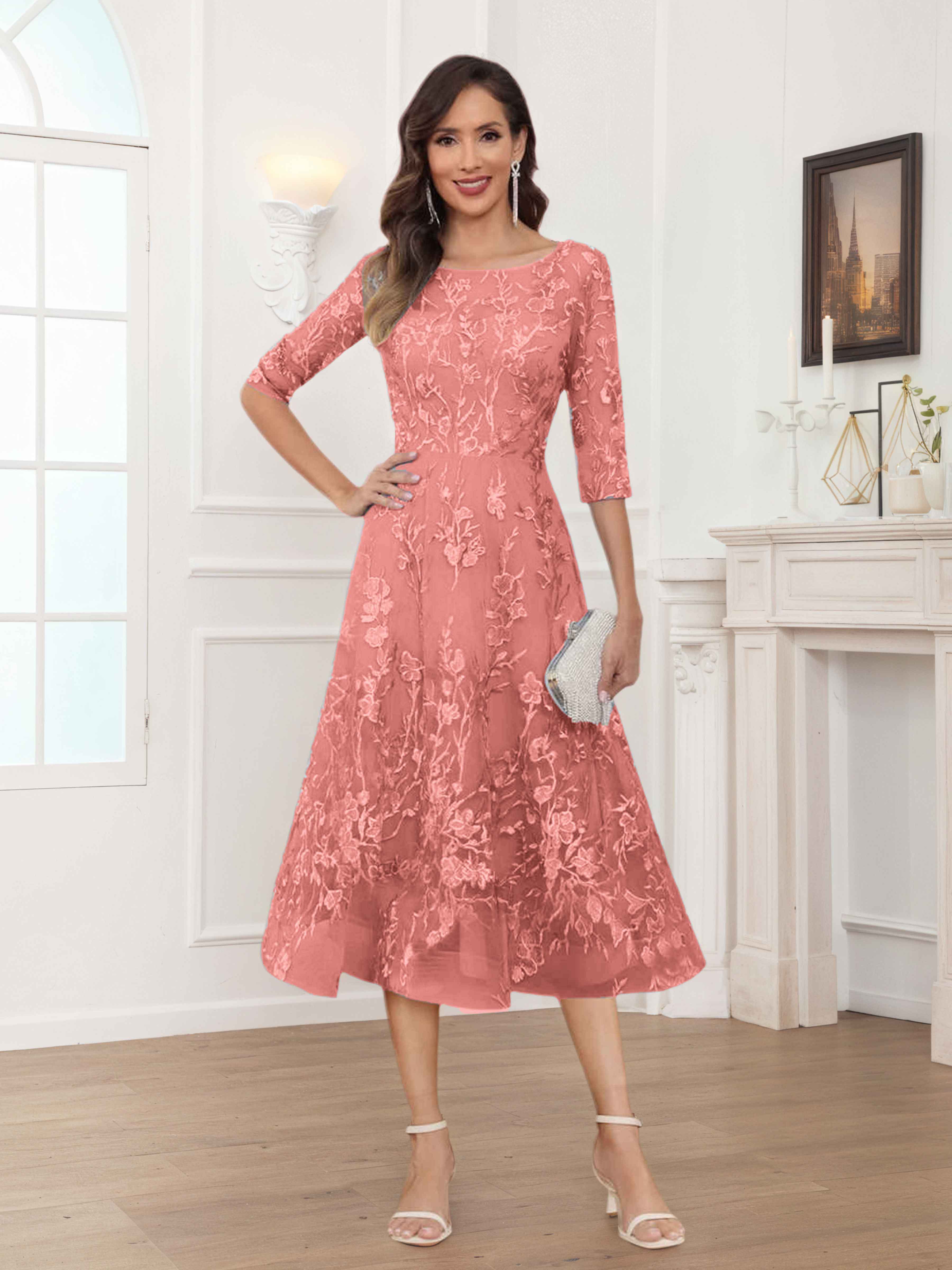 Pax Dreamy A-Line Illusion Lace Tea Length Mother of The Bride Dresses
