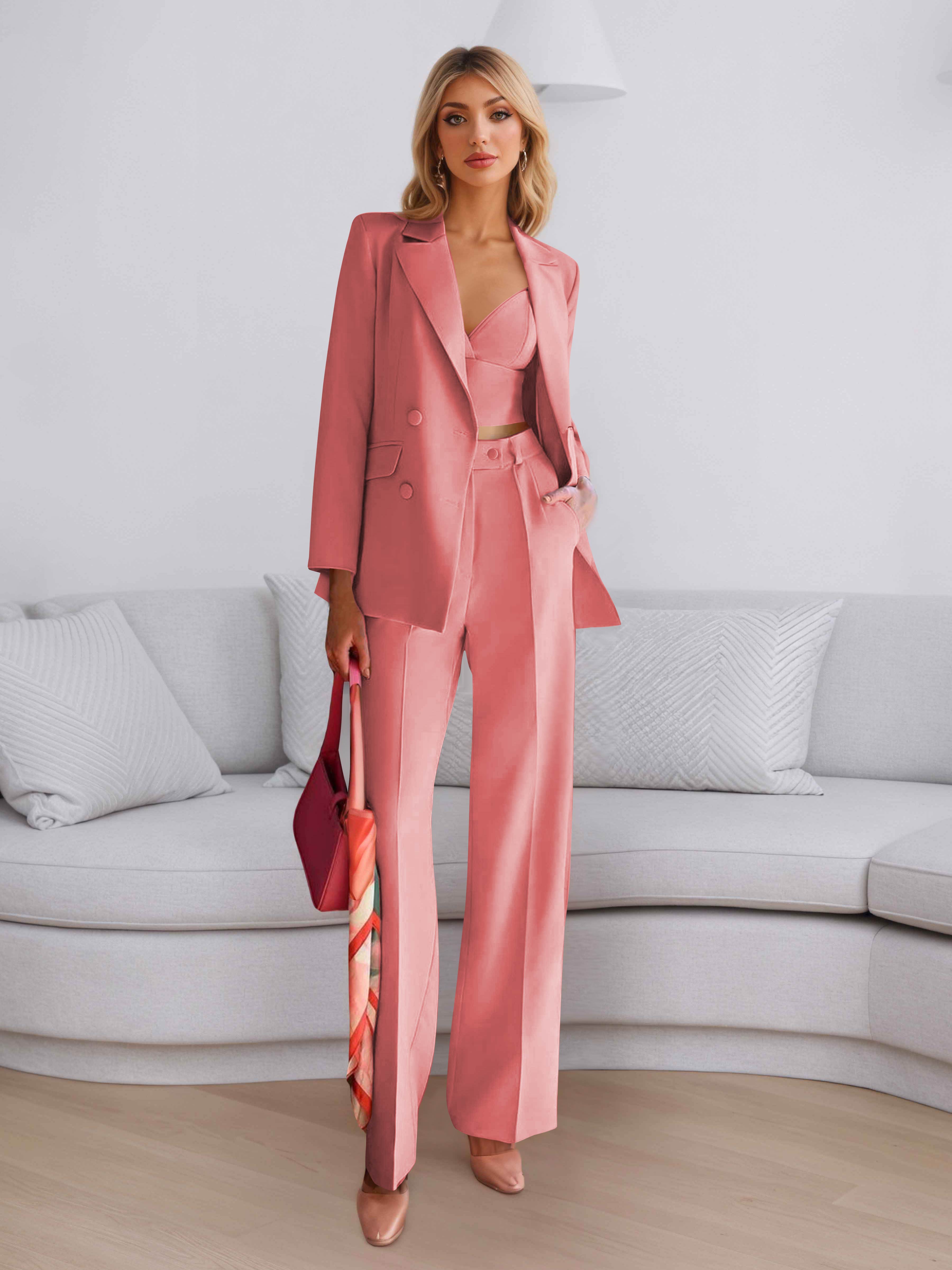 Elegant Women's 3 Pieces Solid Formal Blazer and Pants Suit Set UK