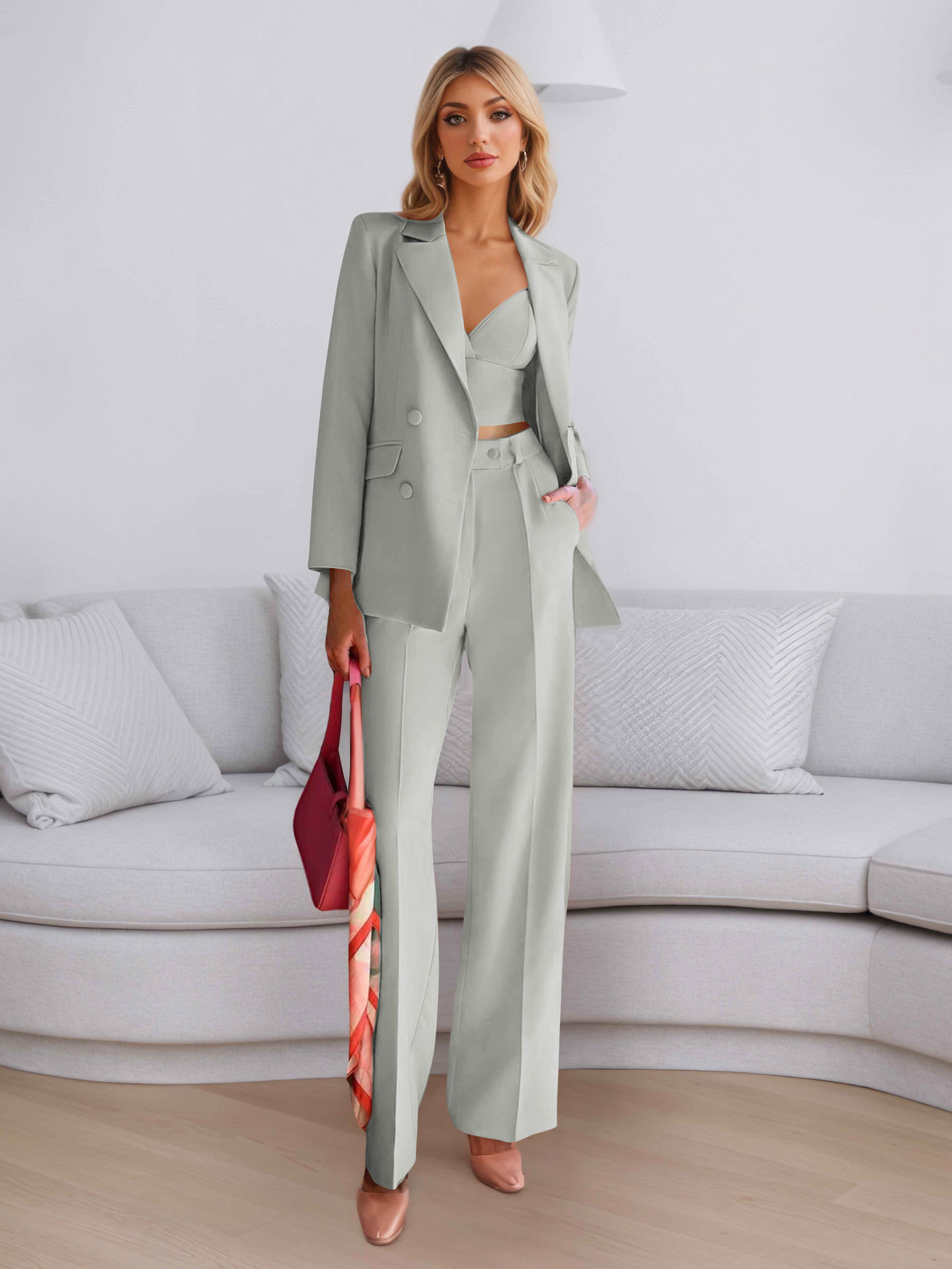 Elegant Women's 3 Pieces Solid Formal Blazer and Pants Suit Set UK