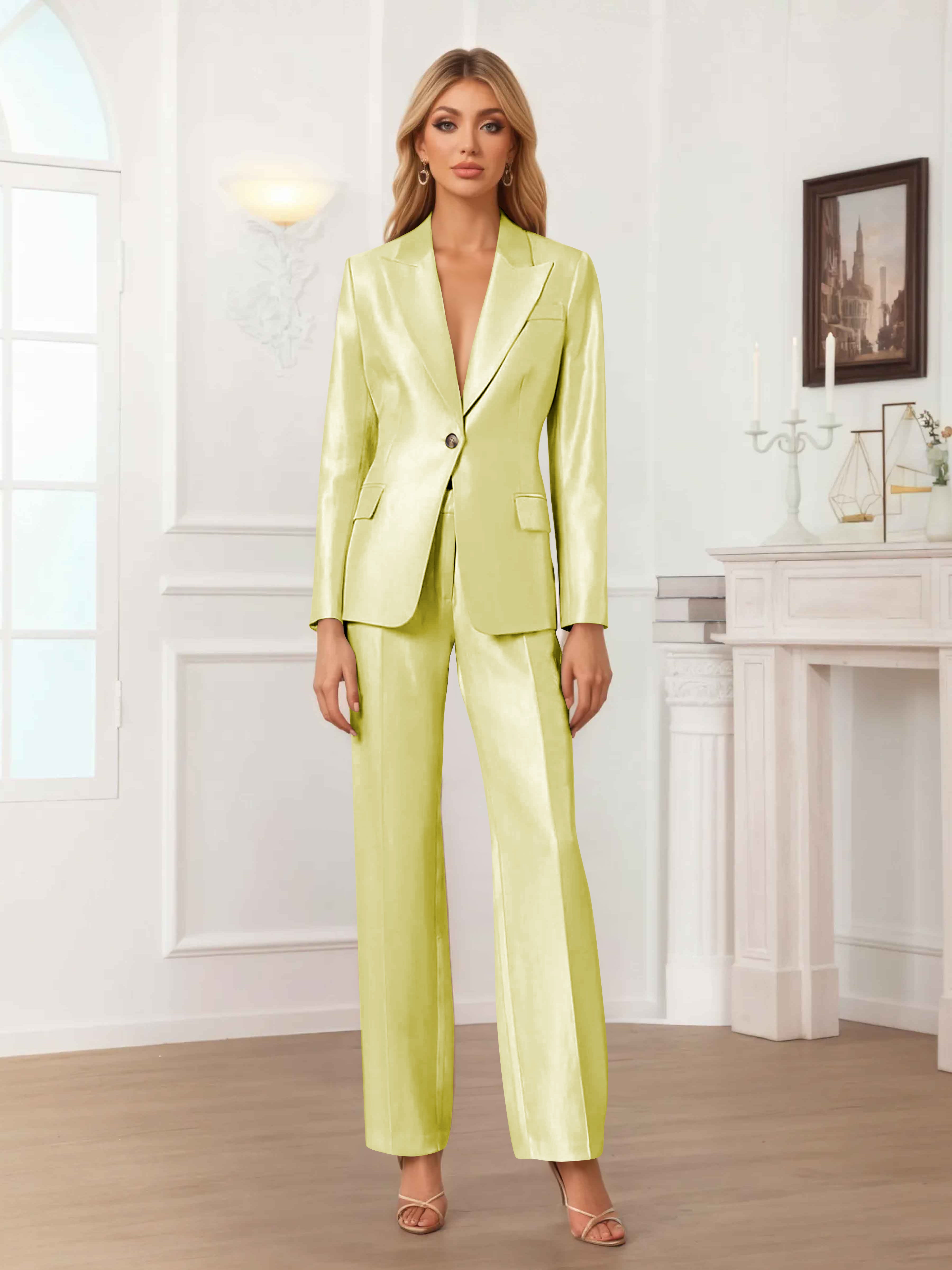 Women's 2 Pieces Peak Lapel One-Button Satin Formal Suit Set UK