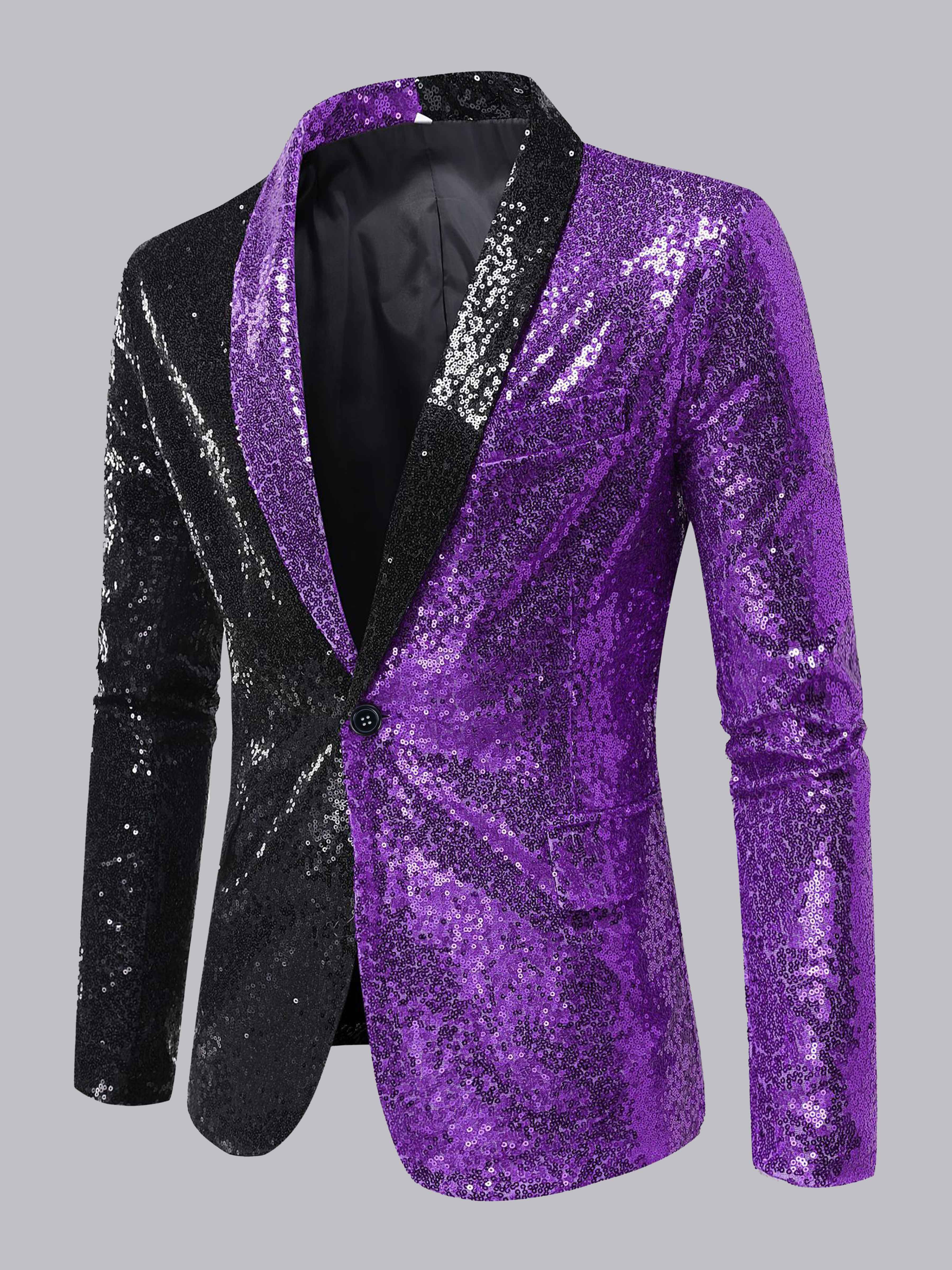 Dazzling Men's Sequin Contrast Trim Shawl Lapel One Button Suit Jacket For Prom