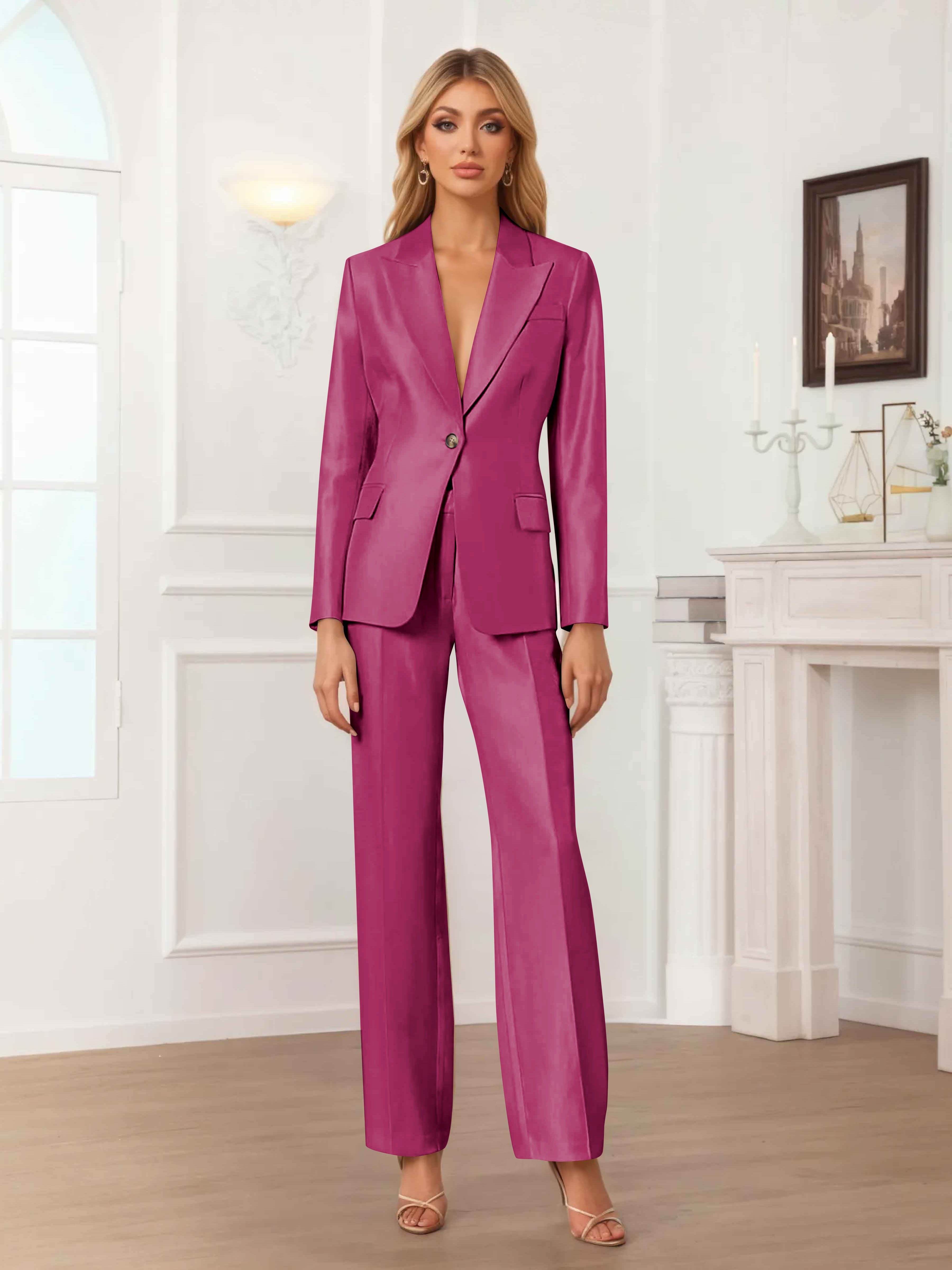 Women's 2 Pieces Peak Lapel One-Button Satin Formal Suit Set UK