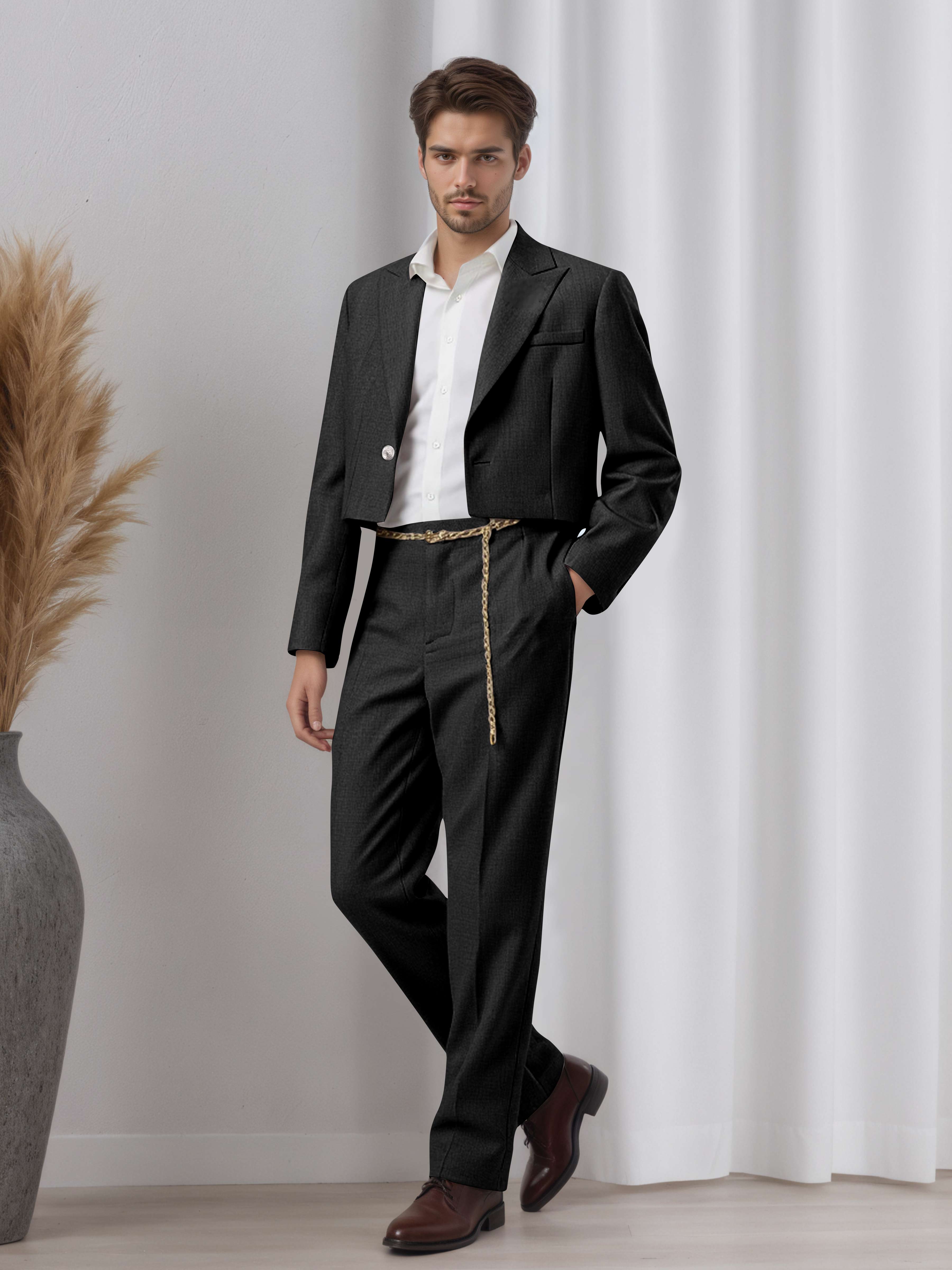 Designer Cropped Peak Lapel Men's 2 Pieces Suit for Events & Casual Wear